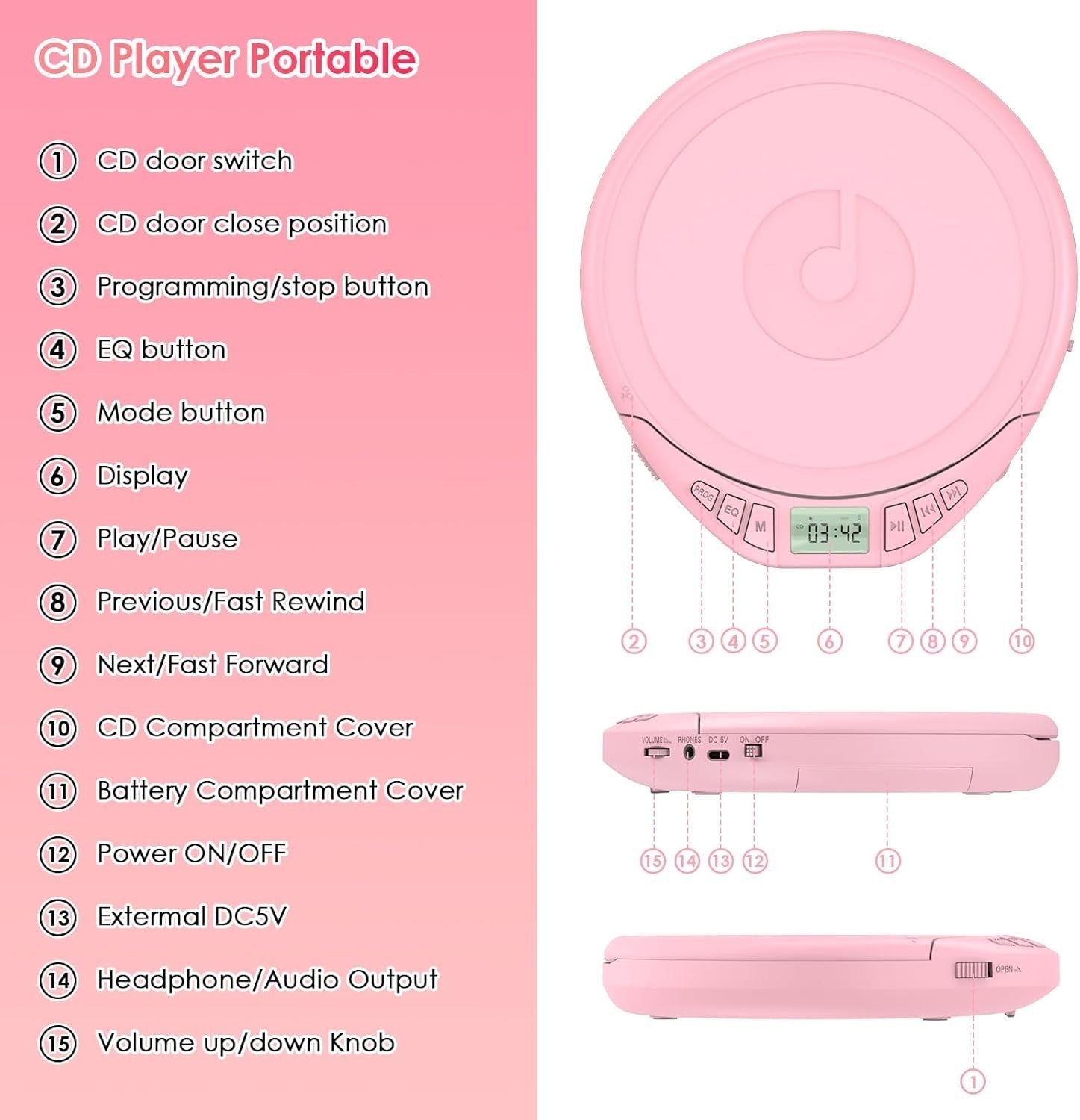 Personal CD Player Portable Anti-Skip LCD Display AUX Car Earphones Pink