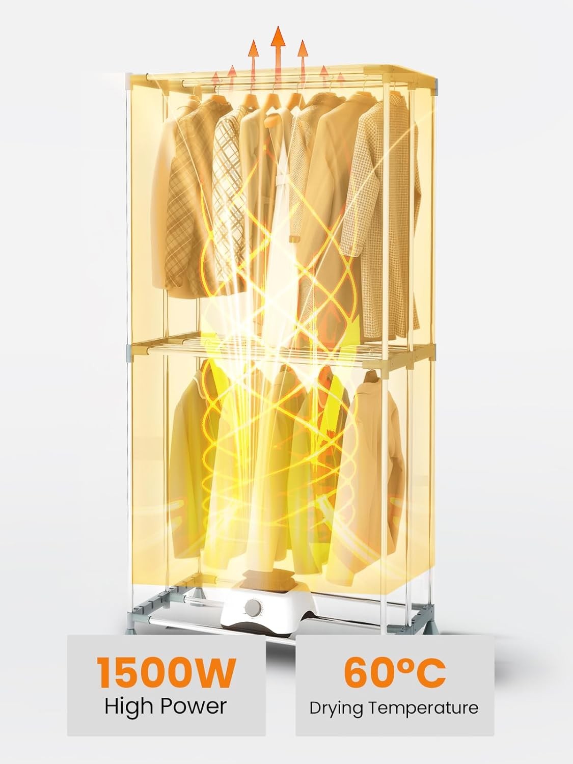 1500W Heated Clothes Airer With Cover Electric Indoor Dryer 2 Tier Timer
