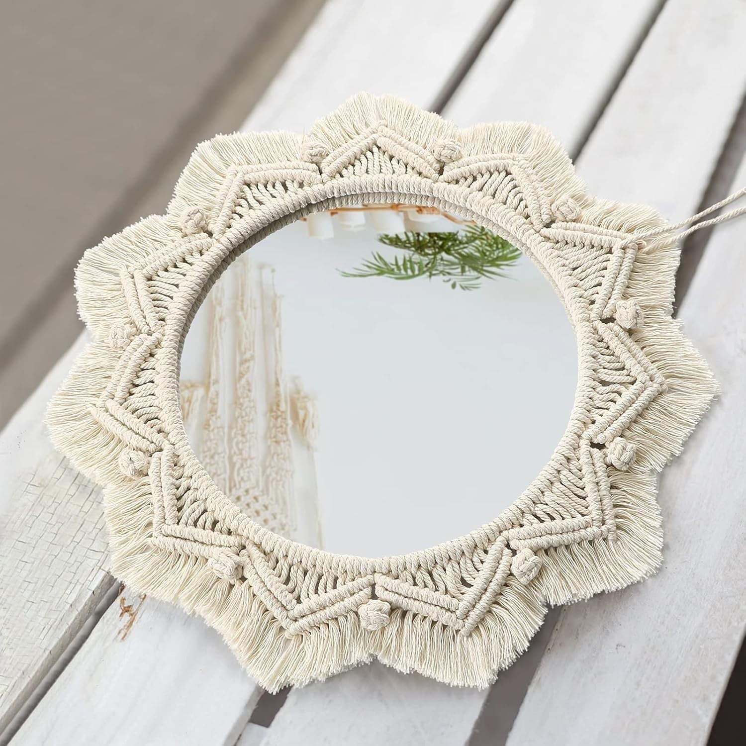 Beige Boho Macrame Wall Mirror 15" Round Decorative Art