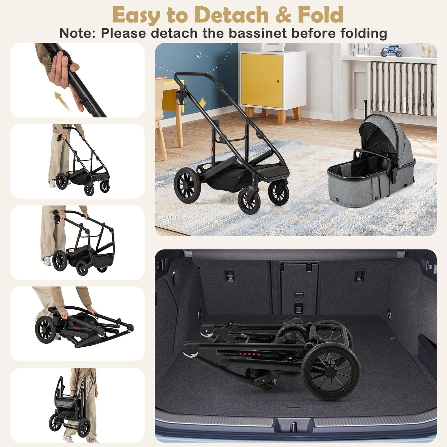 3in1 Baby Stroller Travel System Foldable Pushchair Reversible Seat Grey