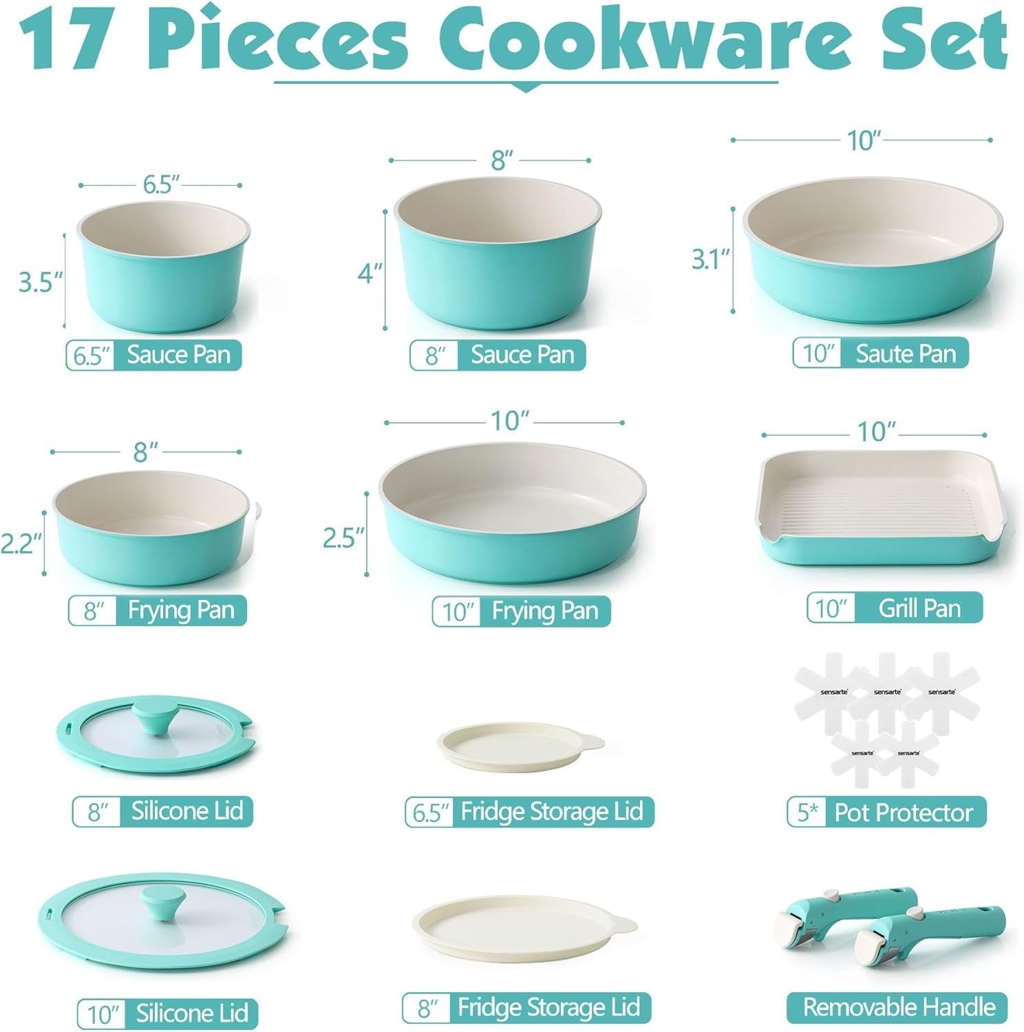 17pcs Turquoise Non Stick Cookware Set Detachable Handle Induction Oven Safe