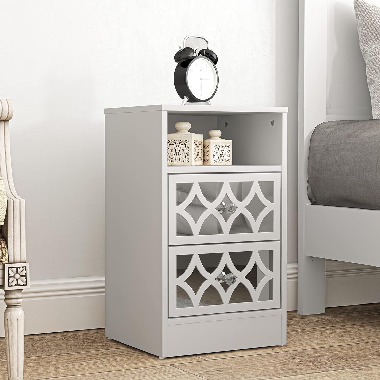 White Bedside Table with Mirror Drawers, Modern 2 Drawer Nightstand for Bedroom