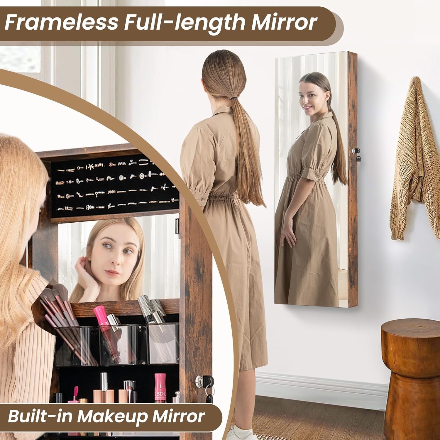 Rustic Brown Wall Door Jewelry Armoire Lockable Full Length Mirror