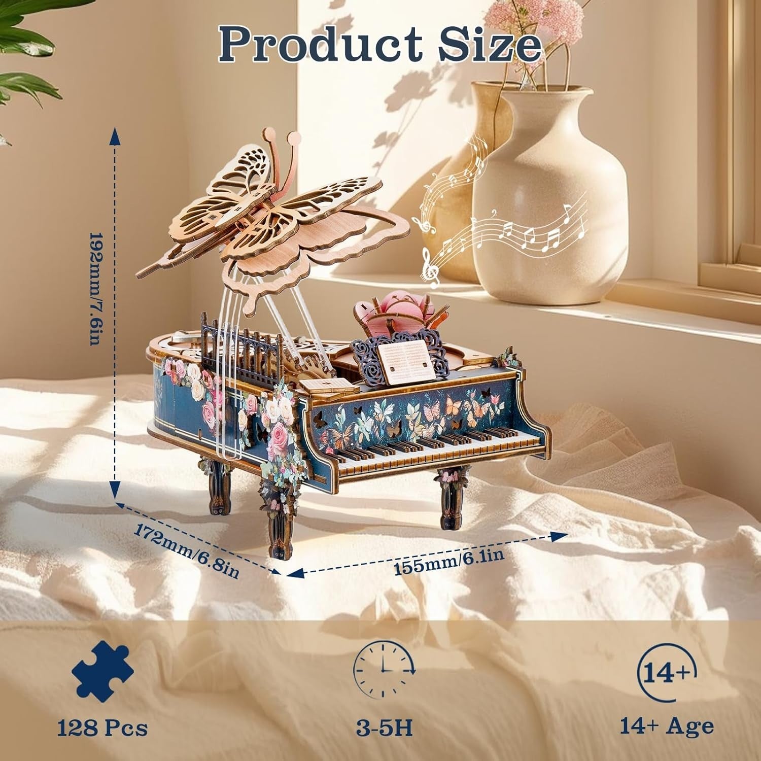 3D Wooden Piano Music Box Puzzle DIY Mechanical Butterfly Model Kit