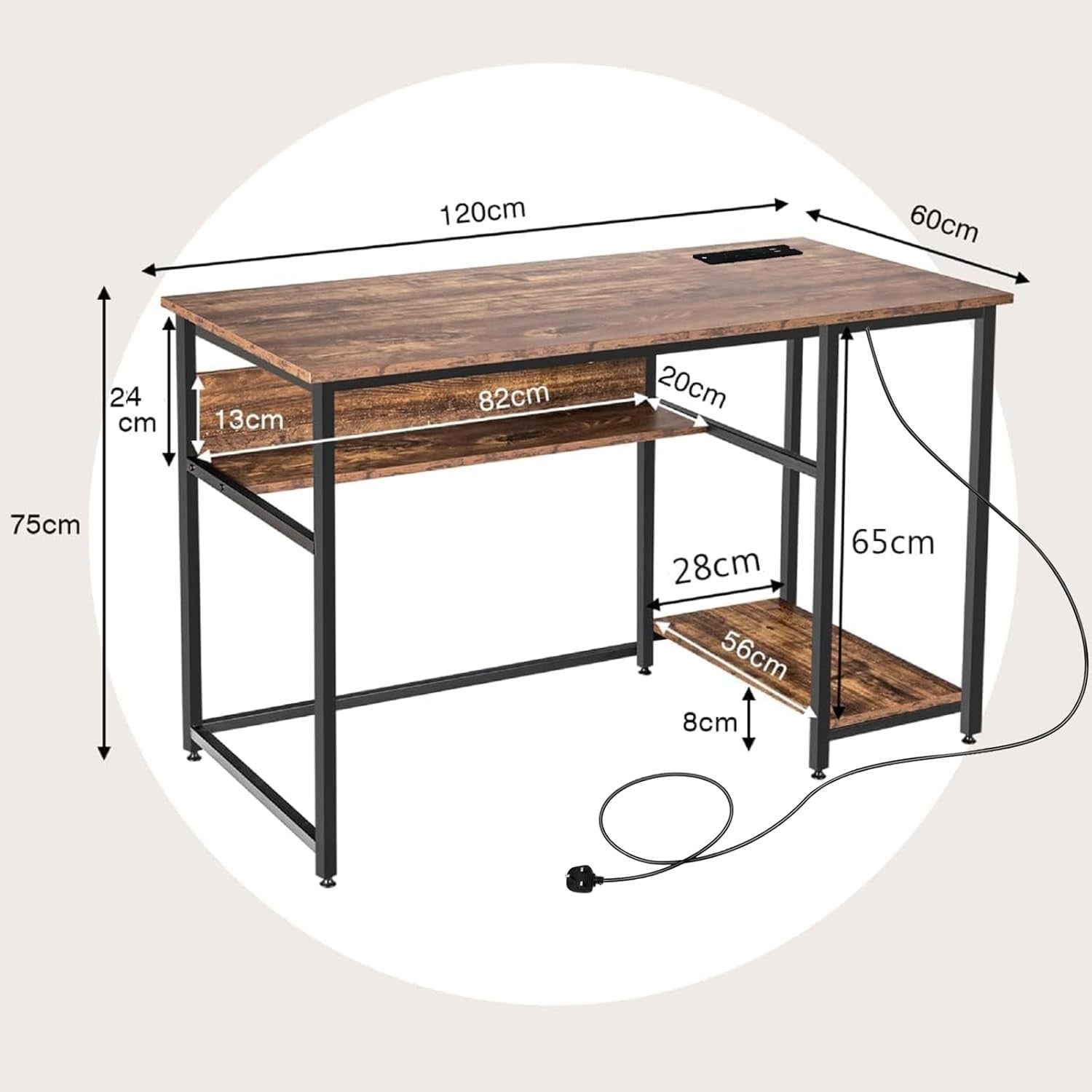 Brown Computer Desk 120x60cm Wooden Study Table with Power Outlet & Shelf