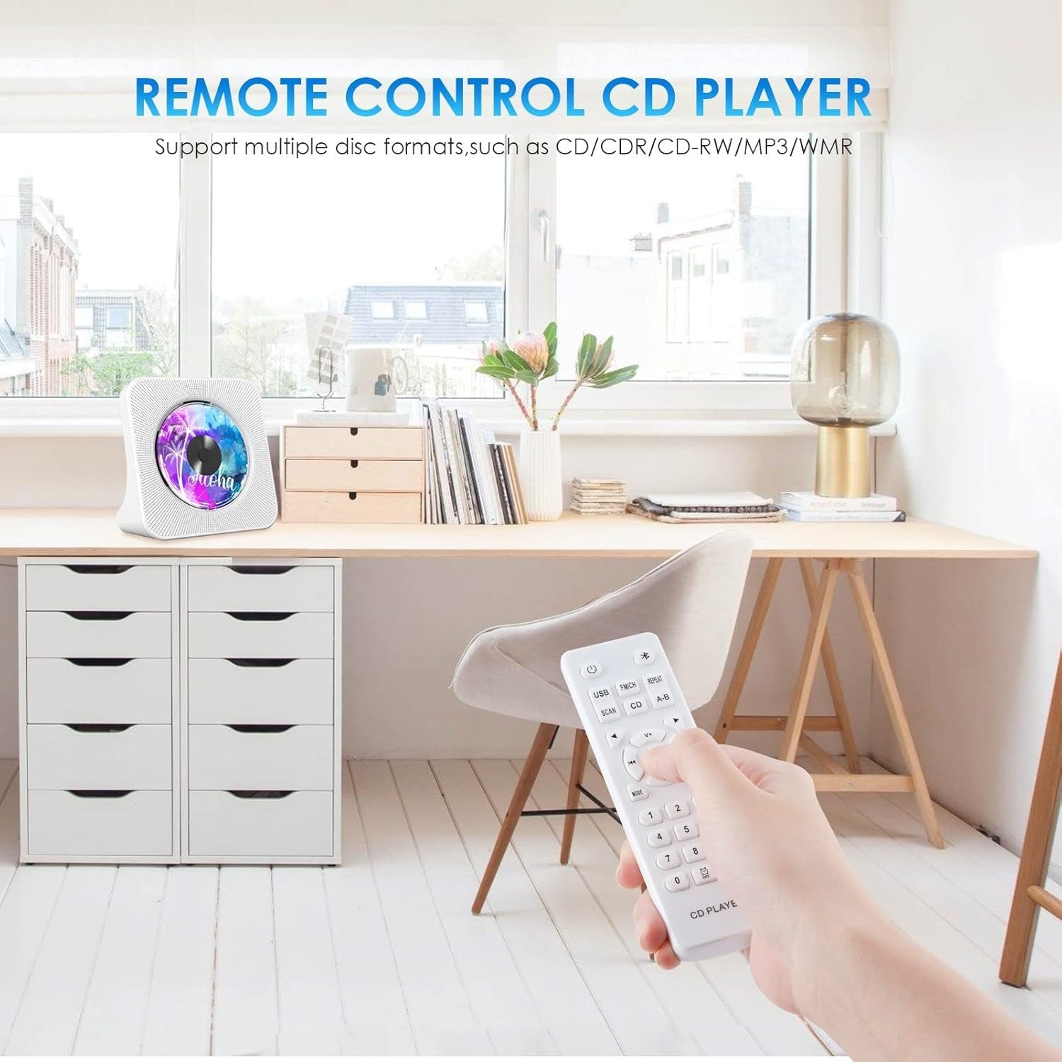Desktop CD Player Bluetooth Speakers FM Radio USB AUX Remote LCD White