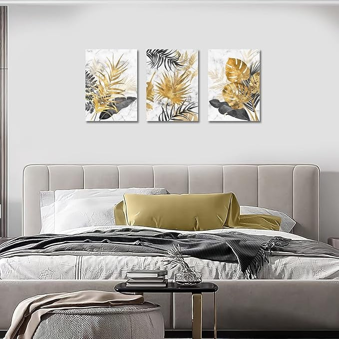 FajerminArt 3-Piece Modern Canvas Wall Art Marble Tropical Grey Gold Leaves 30x4