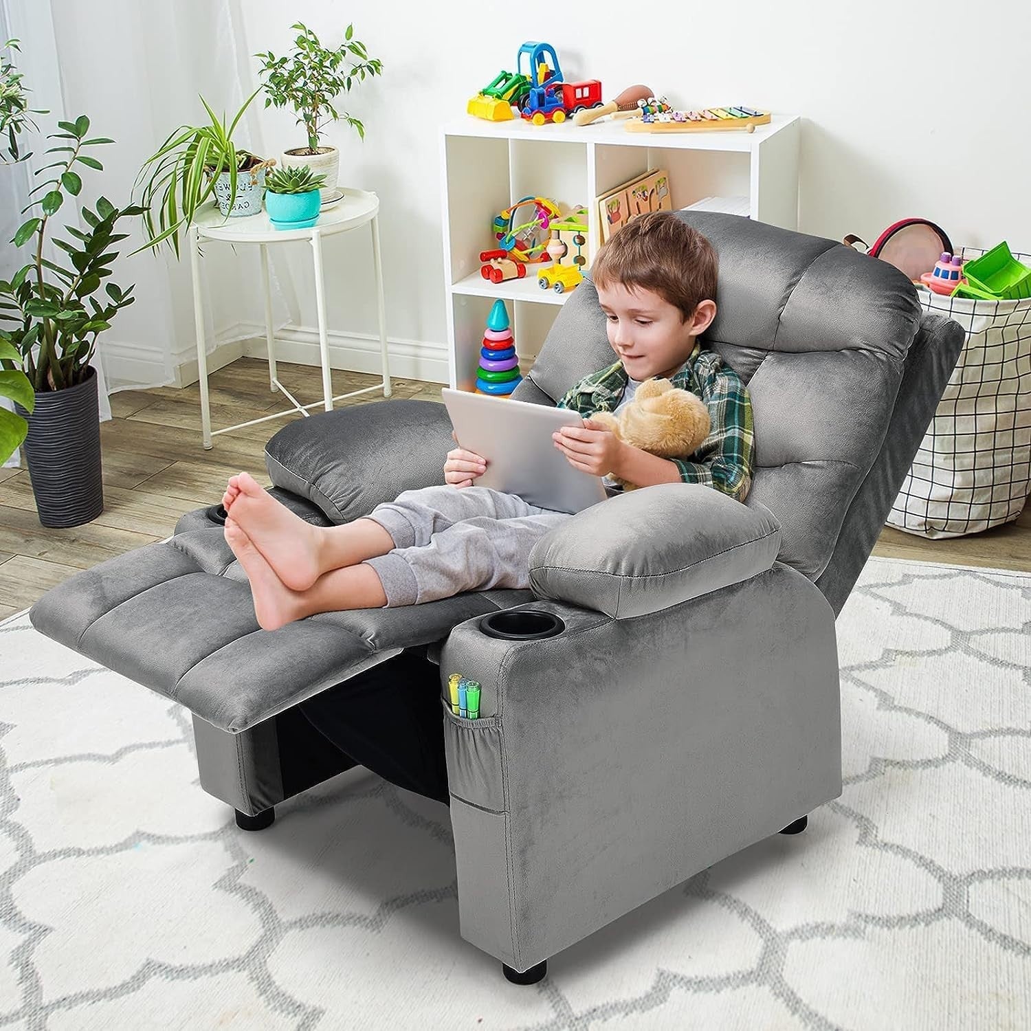 Adjustable Kids Recliner Chair with Footrest, Cup Holders & Side Pockets