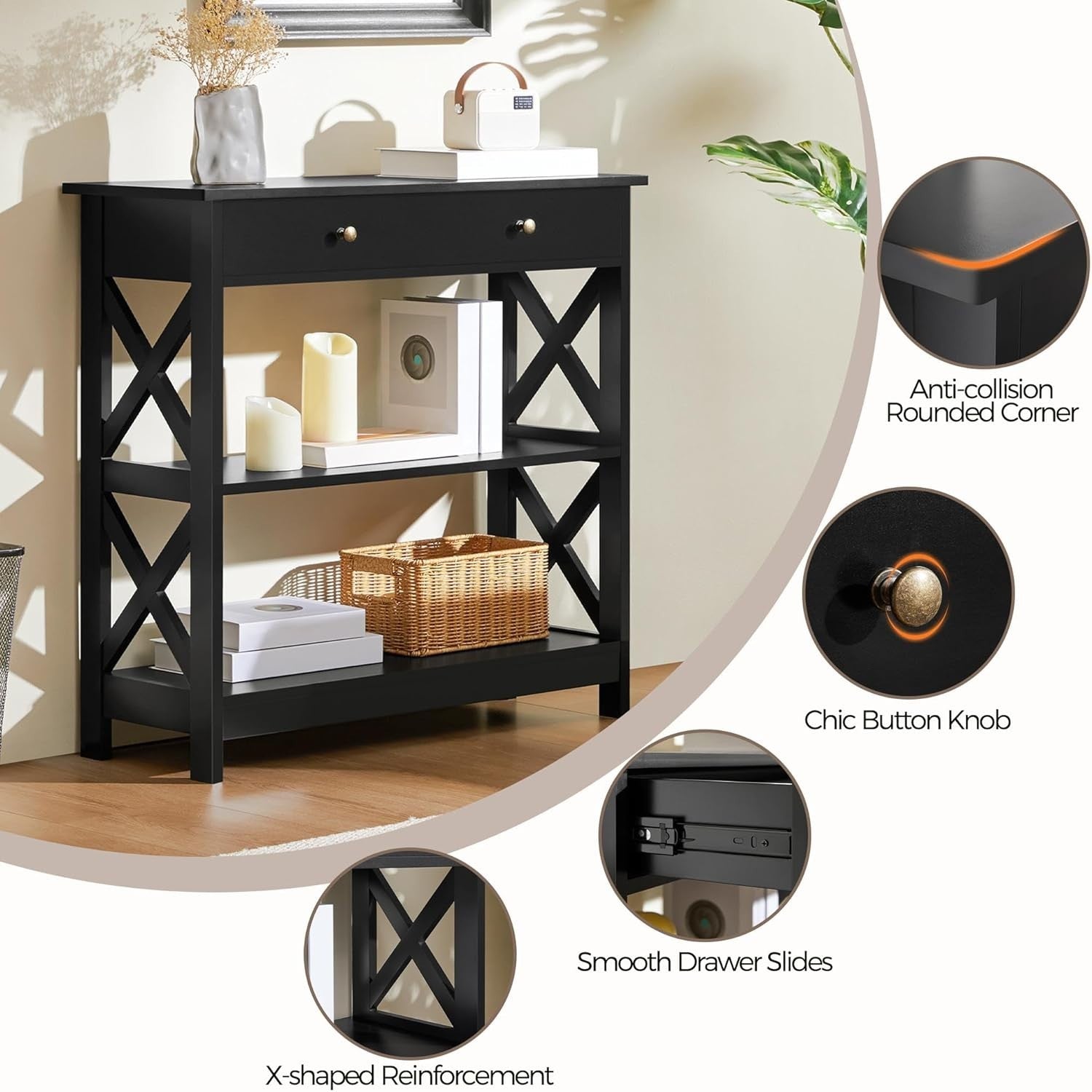 Compact Console Table with Drawer & 2 Shelves, Black, 80x30x80cm, Slim