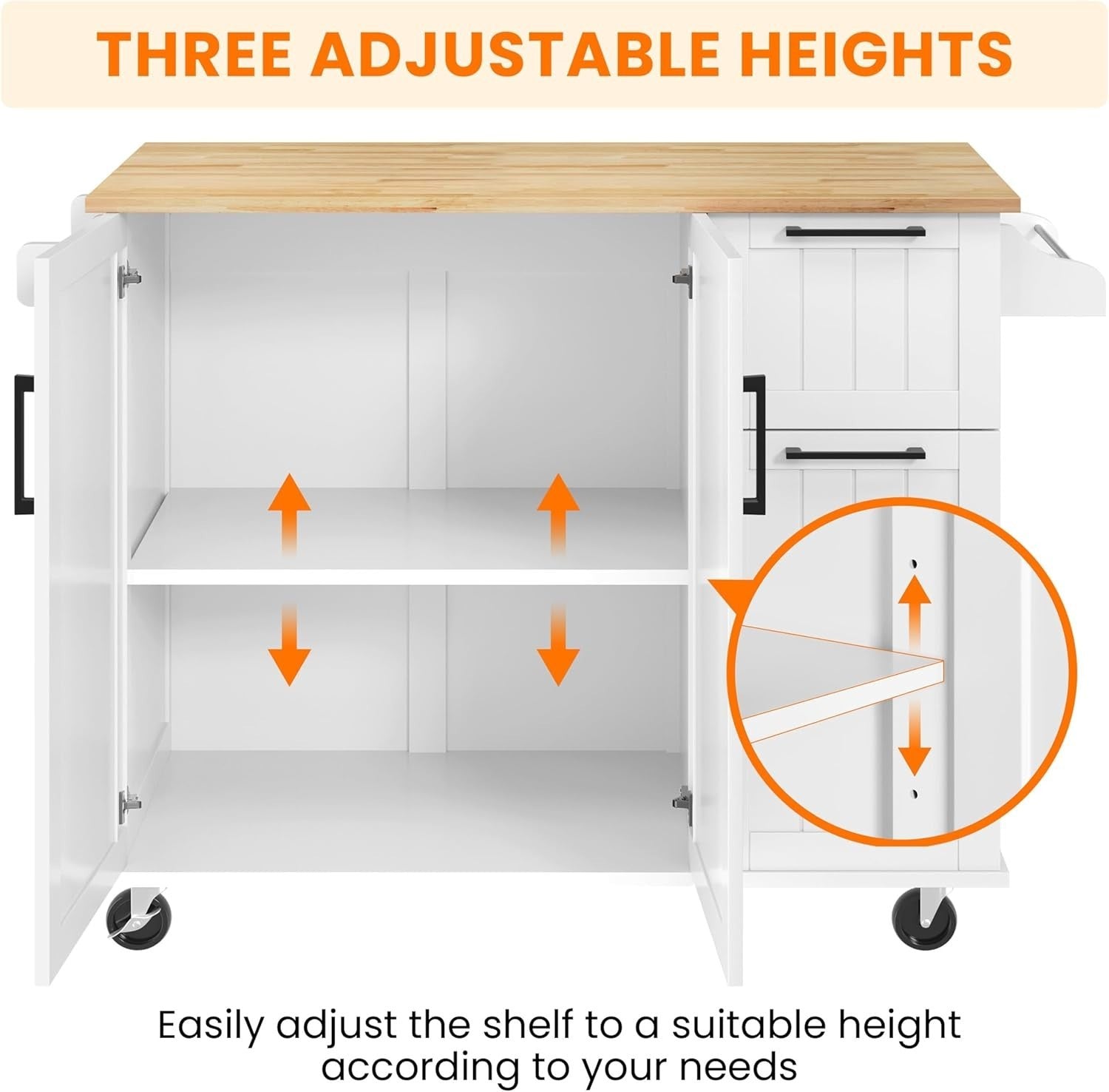 Kitchen Island Cart Drop-Leaf Bar Table Storage Cabinet Drawers on Wheels White