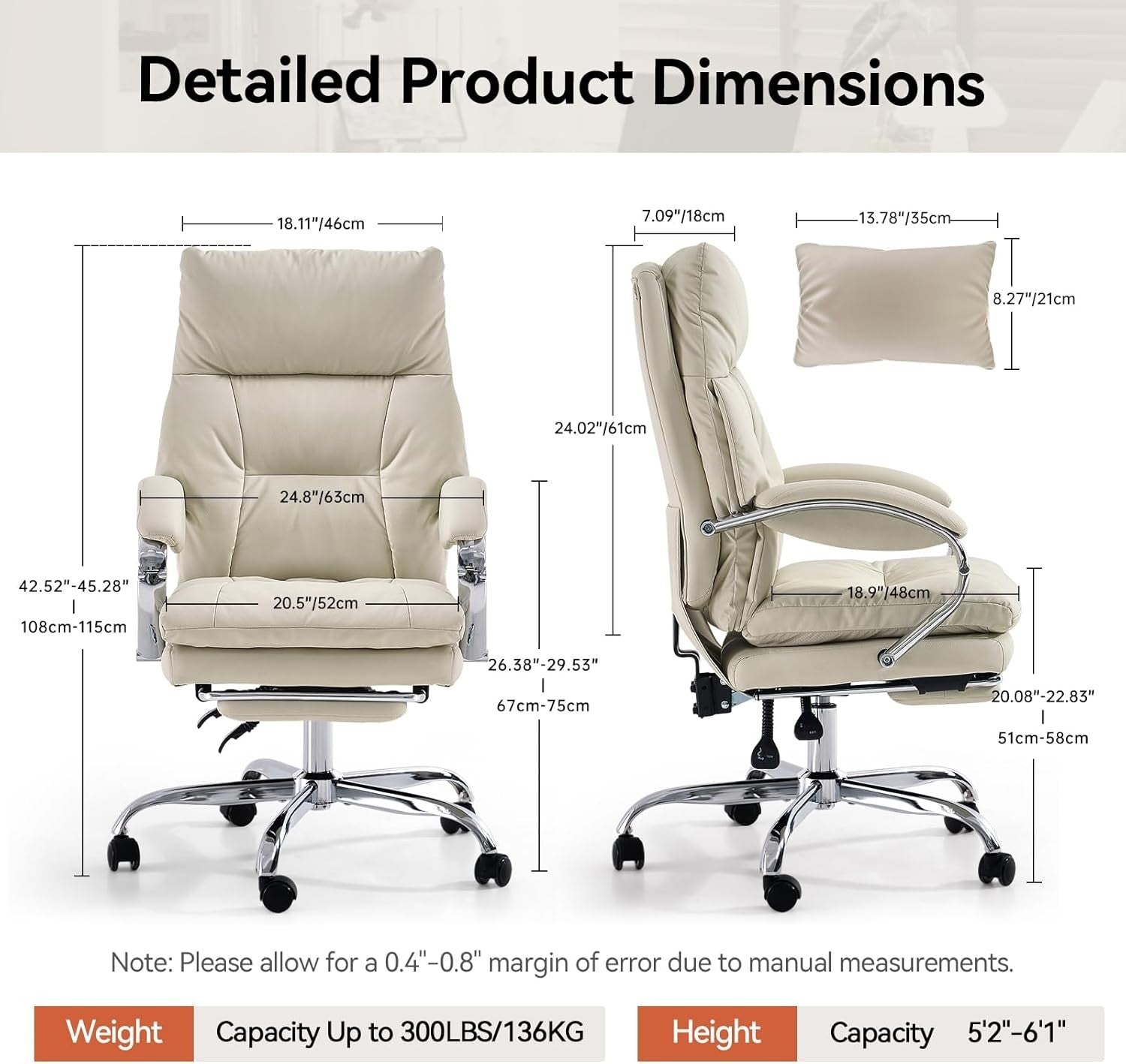 Office Chair Reclining Executive Desk Chair White PU Leather w/ Footrest