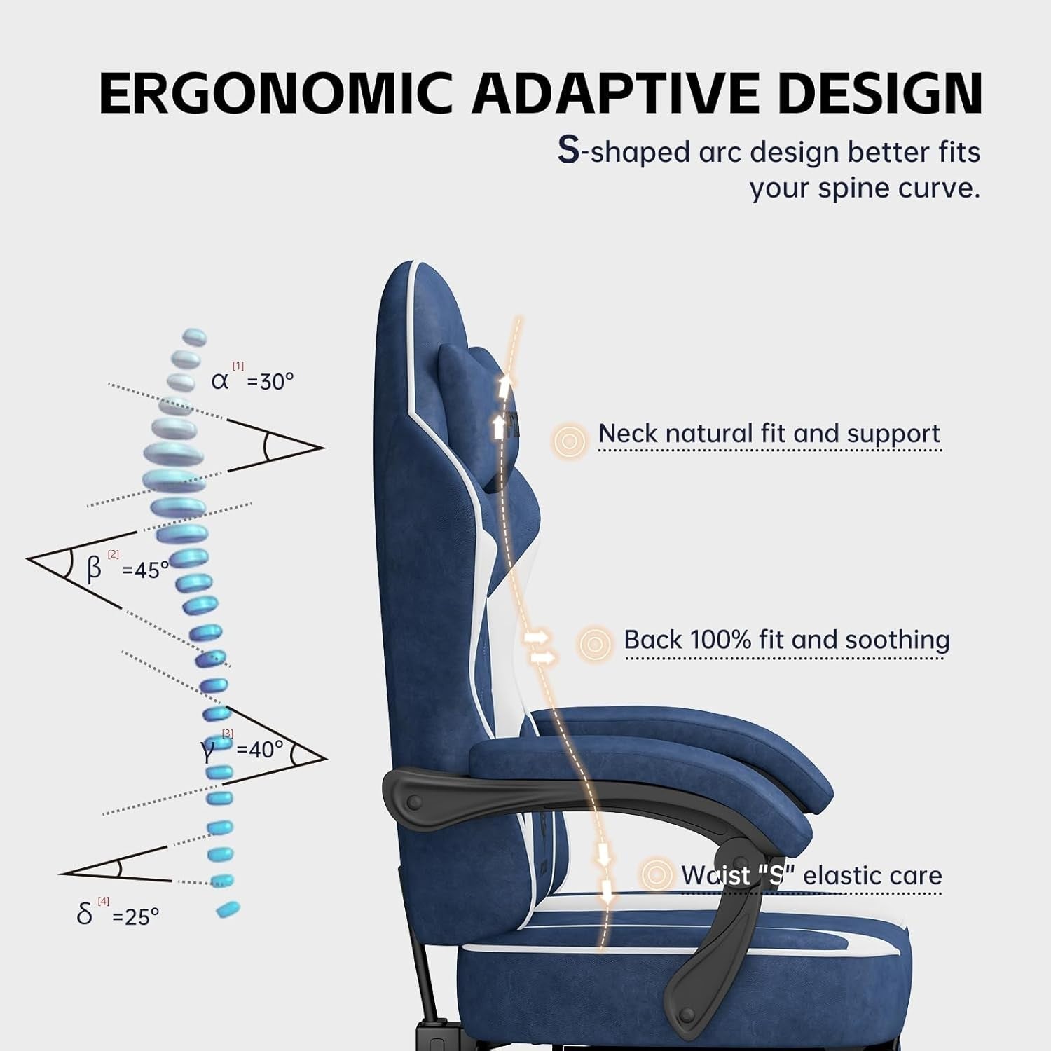 Ergonomic Gaming Chair Wide Seat Reclining Footrest Memory Foam Blue Adults
