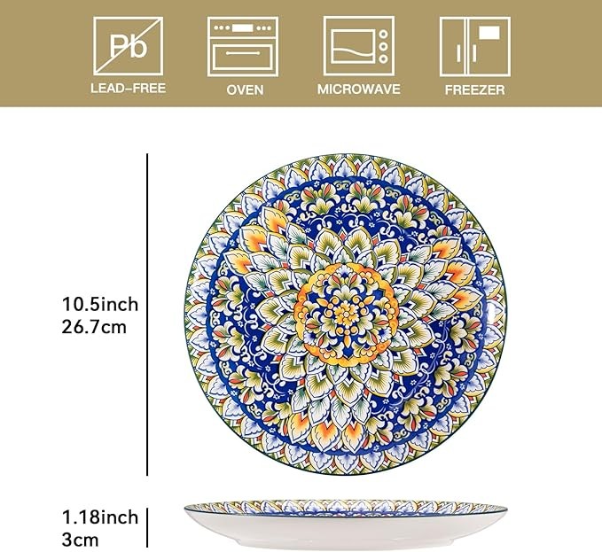 10.5 Inch Colourful Ceramic Dinner Plates Set of 6 Large Bohemian Plates