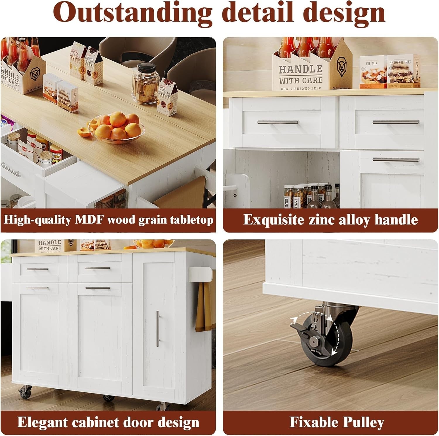 White Multifunctional Rolling Kitchen Island with Foldable Top, Drawers & Cabine