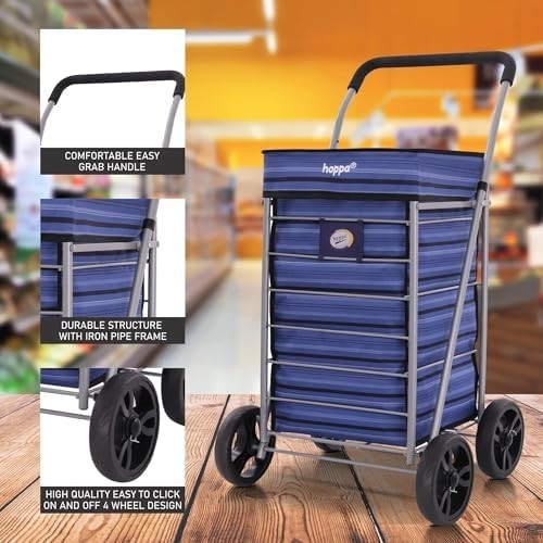 Lightweight 4 Wheel Shopping Trolley 75.6L Foldable Push Pull Bag
