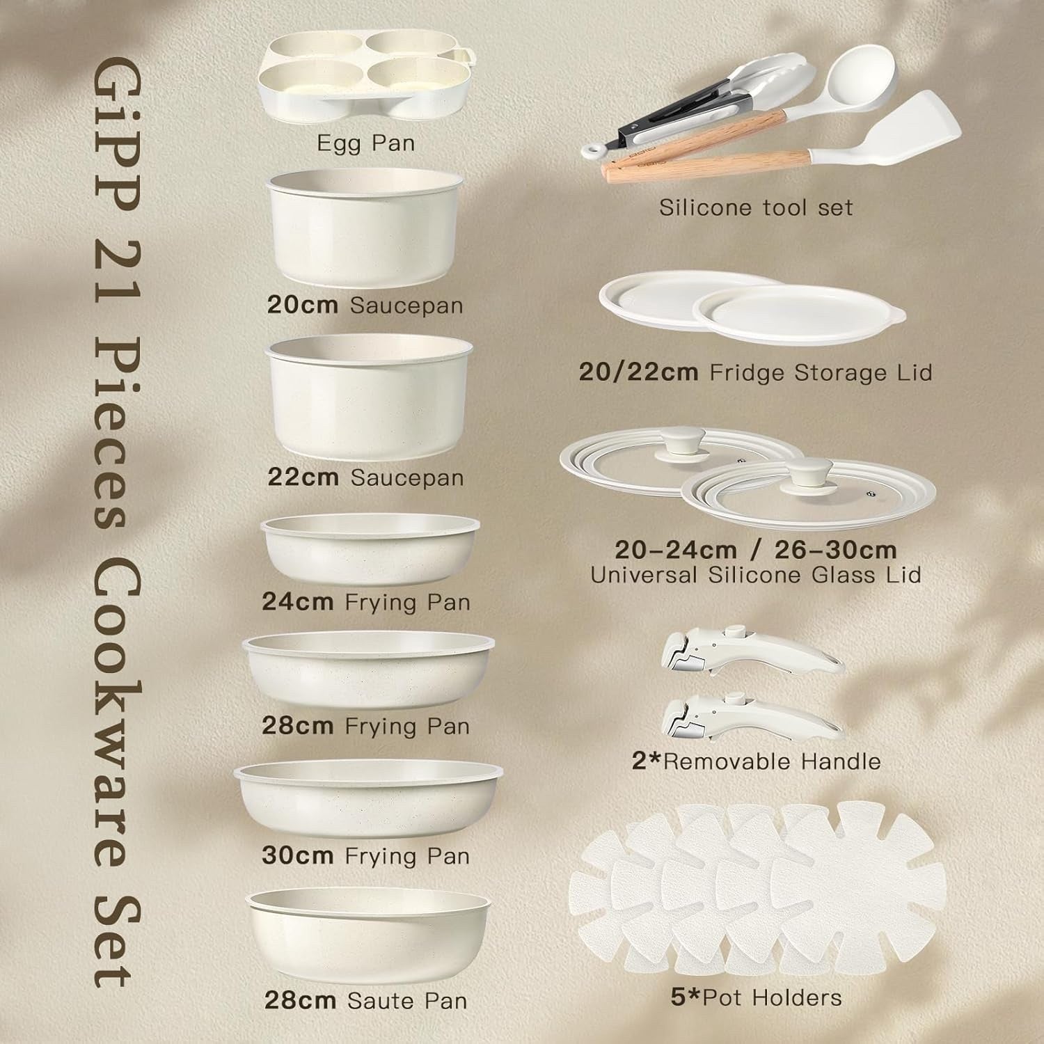 21Pcs Plus White Non Stick Cookware Set with Removable Handles Induction Safe