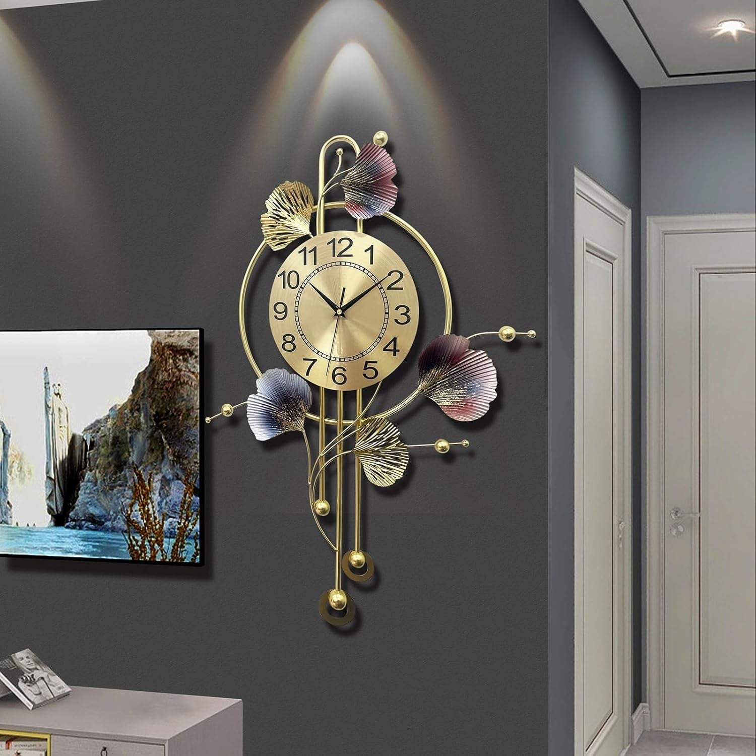 70×52cm Luxury Ginkgo Leaf Wall Clock – Silent Metal Art Pendulum Clock Home