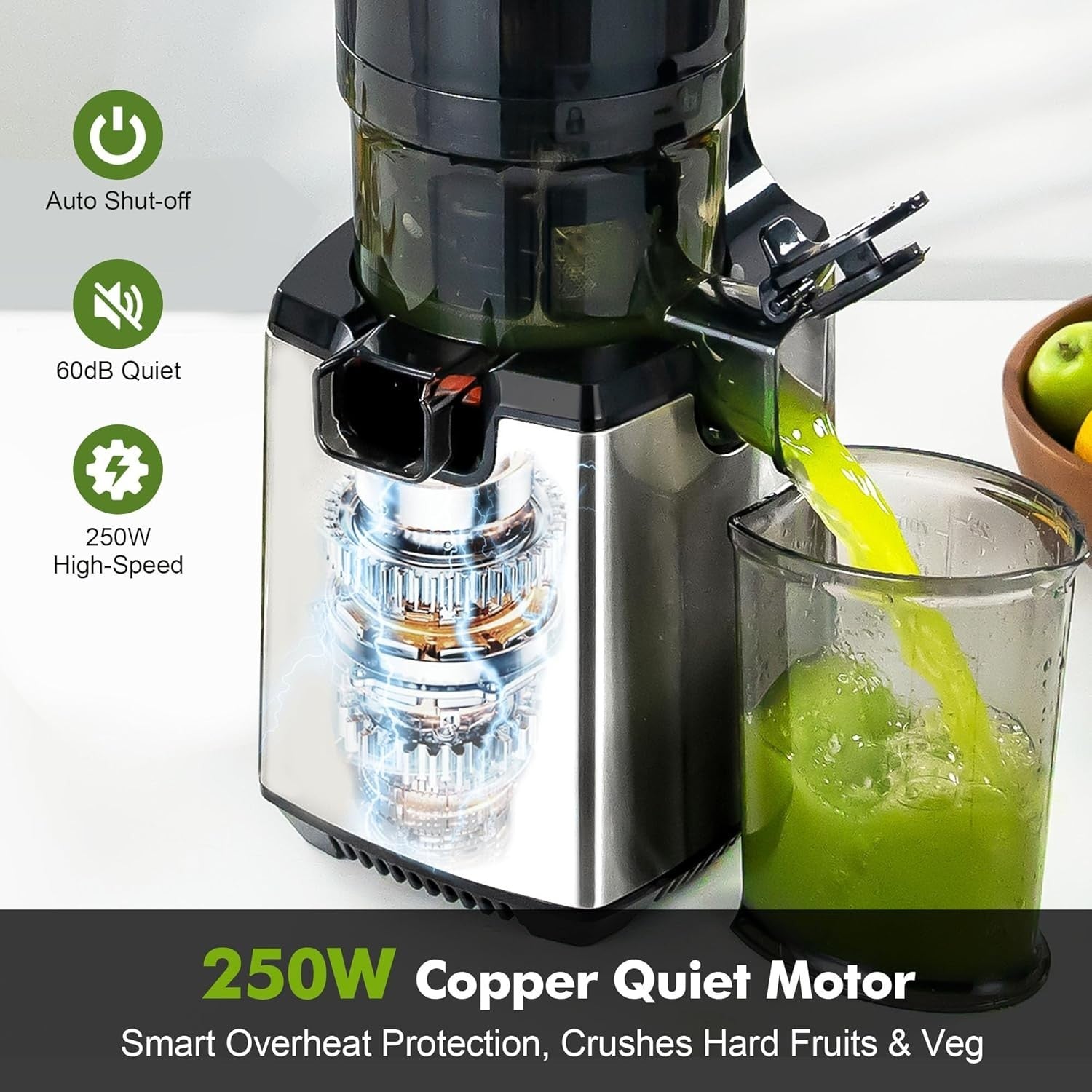 Cold Press Juicer 135mm Feed Chute Self Feeding Hopper Quiet 250W