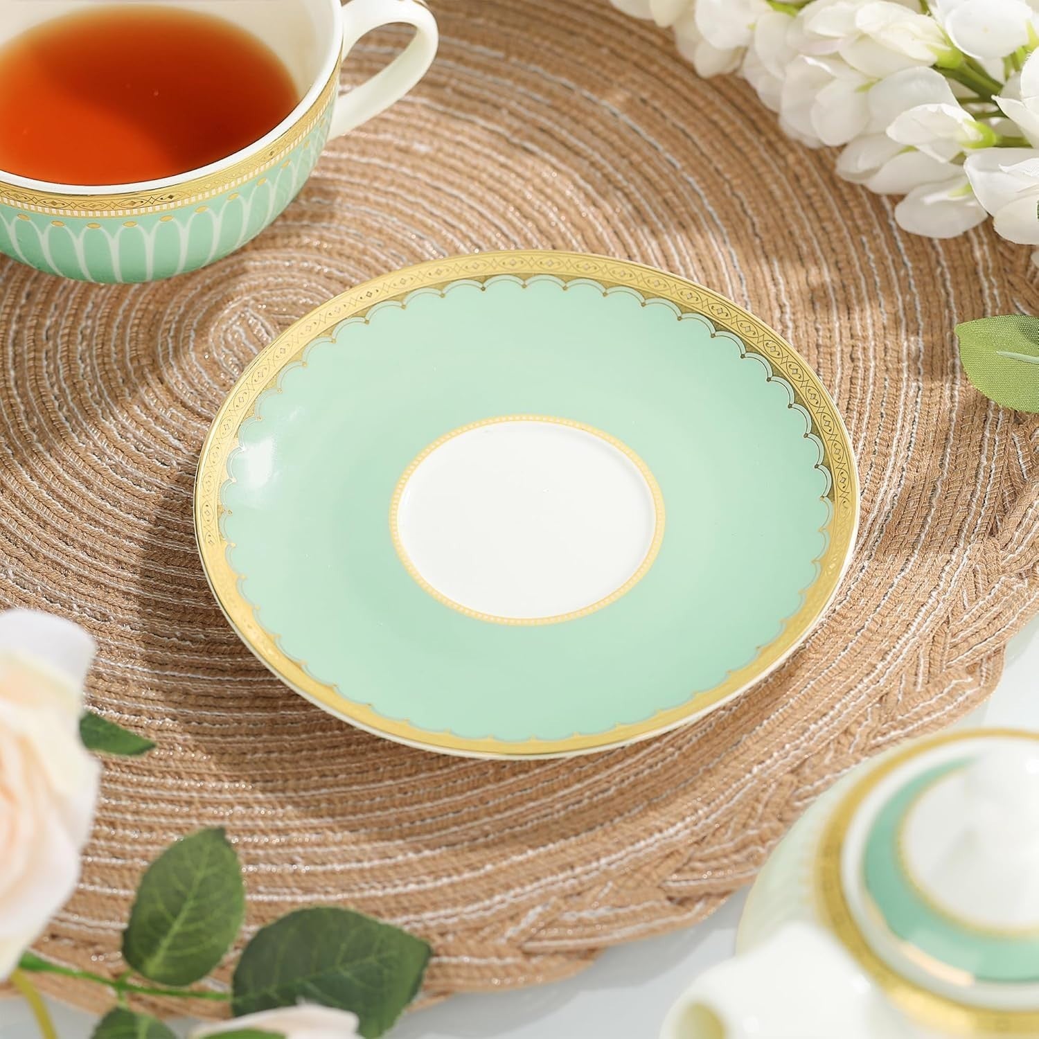 Porcelain Teapot Cup & Saucer Set Green Gold Afternoon Tea Set Gift