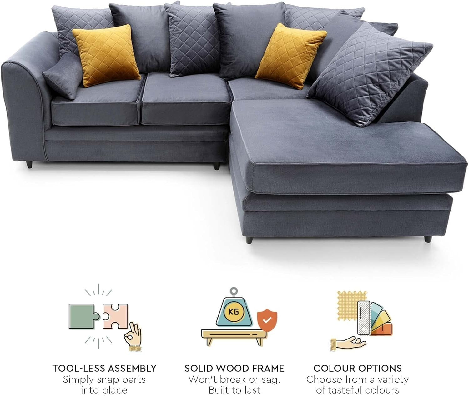Dark Grey L-Shaped Corner Sofa Velvet Water-Repellent 3 Seater Right Hand