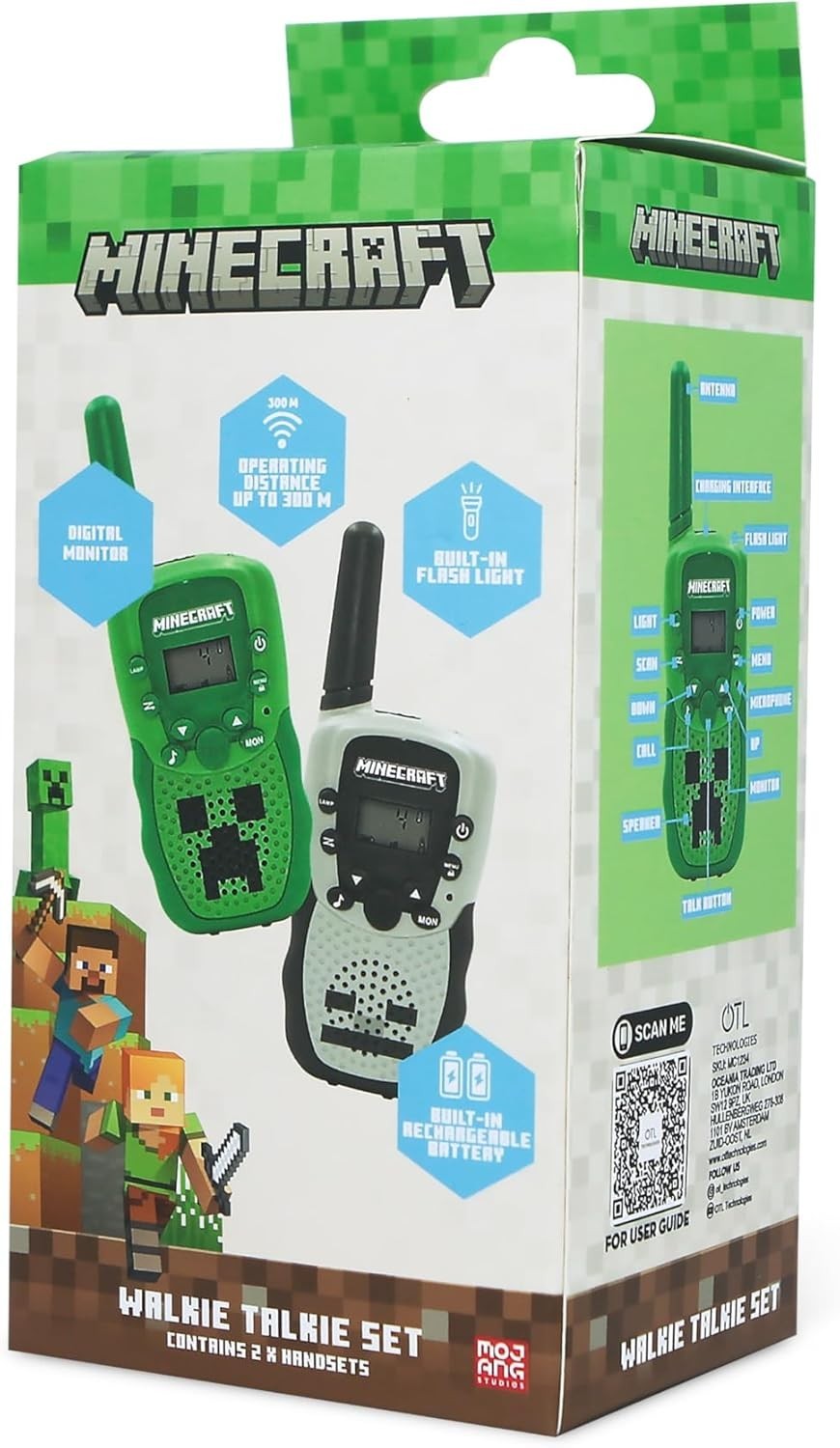 Minecraft Walkie Talkie Set 2 Pack Rechargeable VOX Flashlight 1km