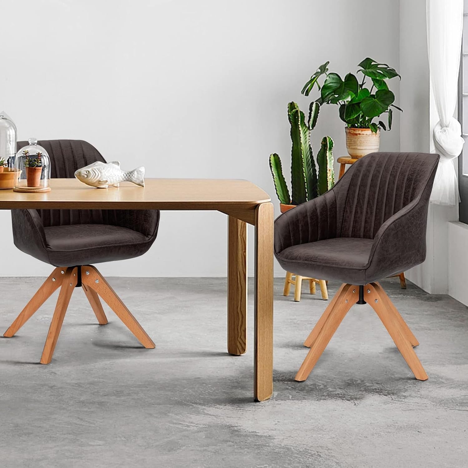 Set of 2 Brown Swivel Desk Chairs Tub Armchairs Wooden Legs