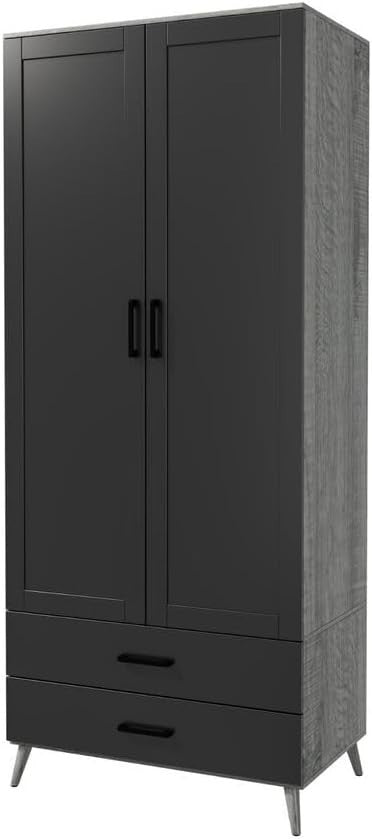 Black 2 Door Wardrobe with Drawers & Rail – Tall Bedroom Storage Unit