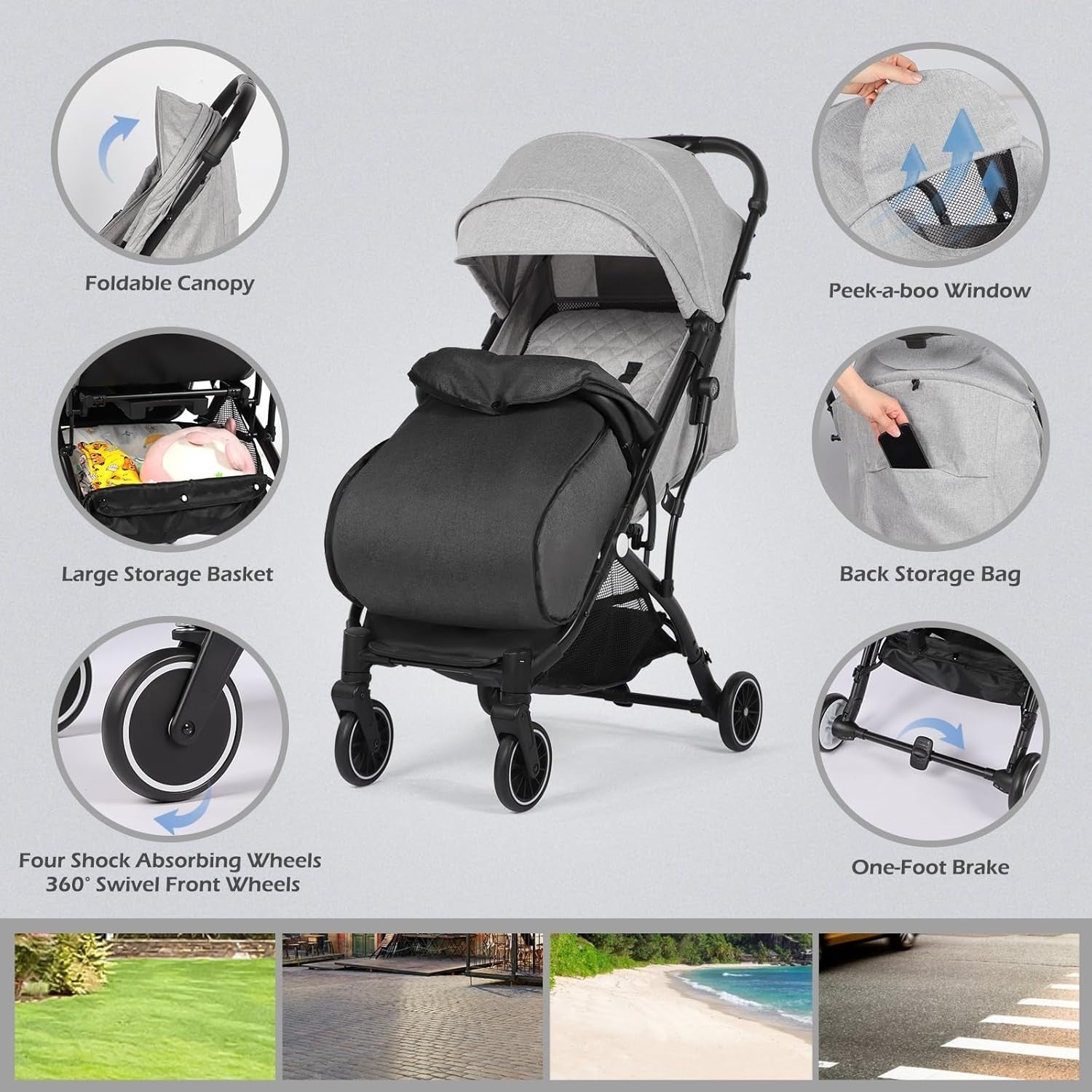 Lightweight Compact Travel Stroller One Hand Fold Buggy 5 Point Harness