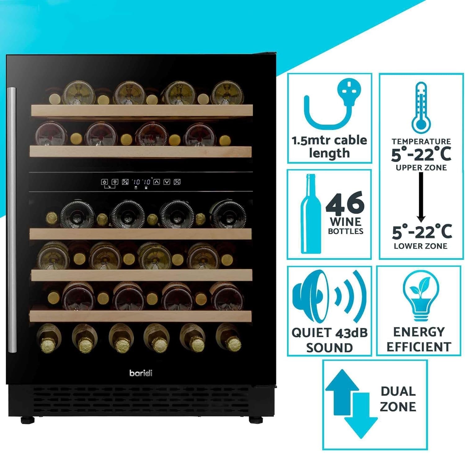 46 Bottle Dual Zone Wine Cooler Under Counter Fridge Touch Screen LED Black
