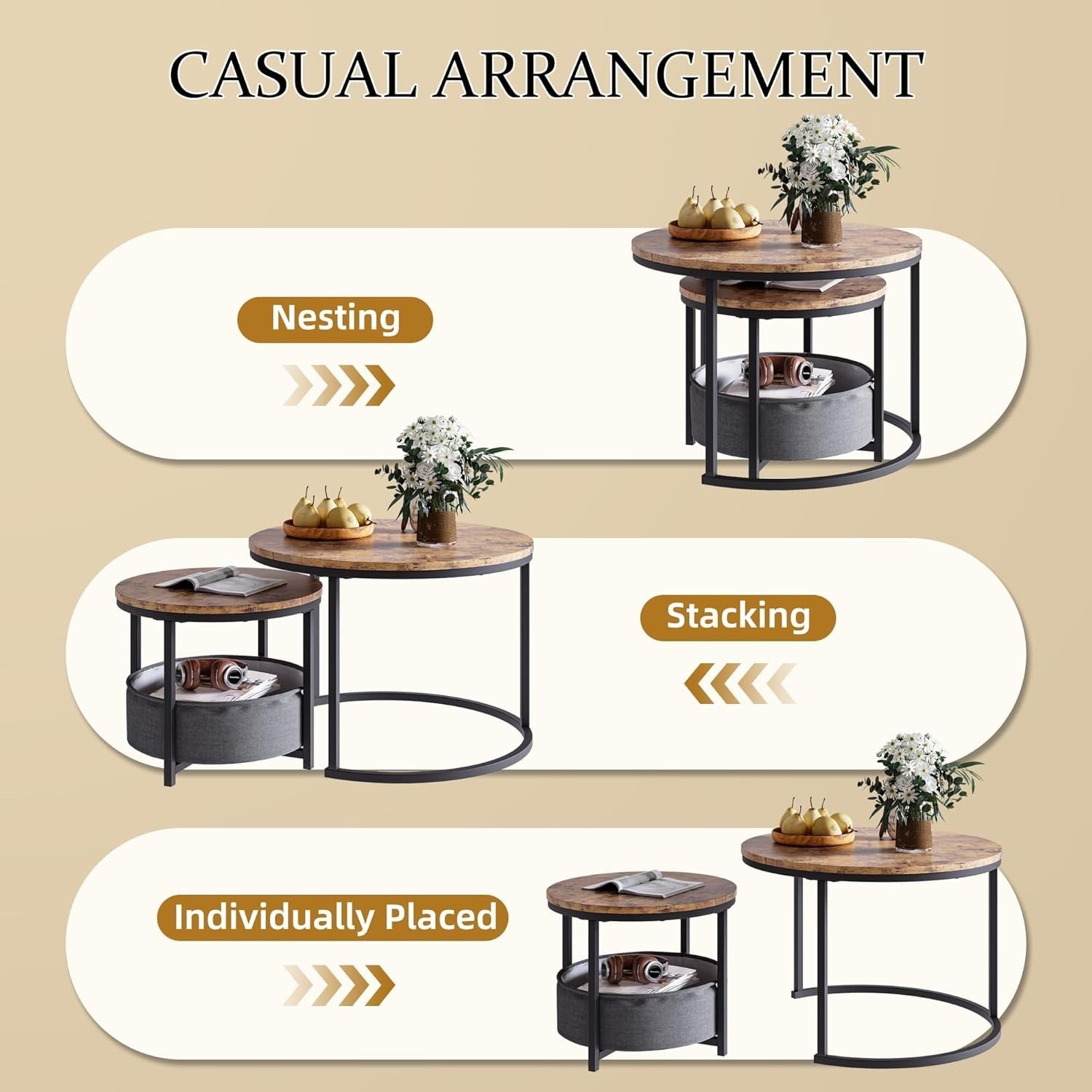 Round Coffee Table Nesting Set Brown Wood Top Iron Frame 120cm Modern