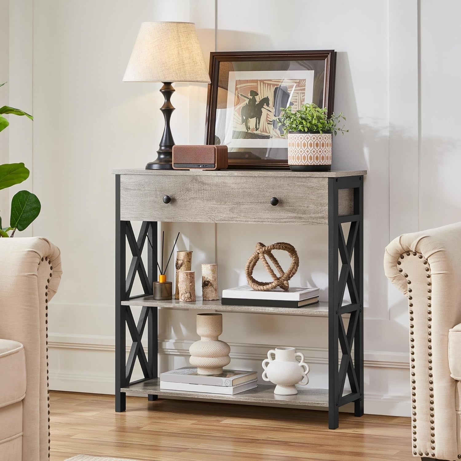 Industrial Console Table with Drawer & 2 Shelves, Durable Metal Frame, Grey