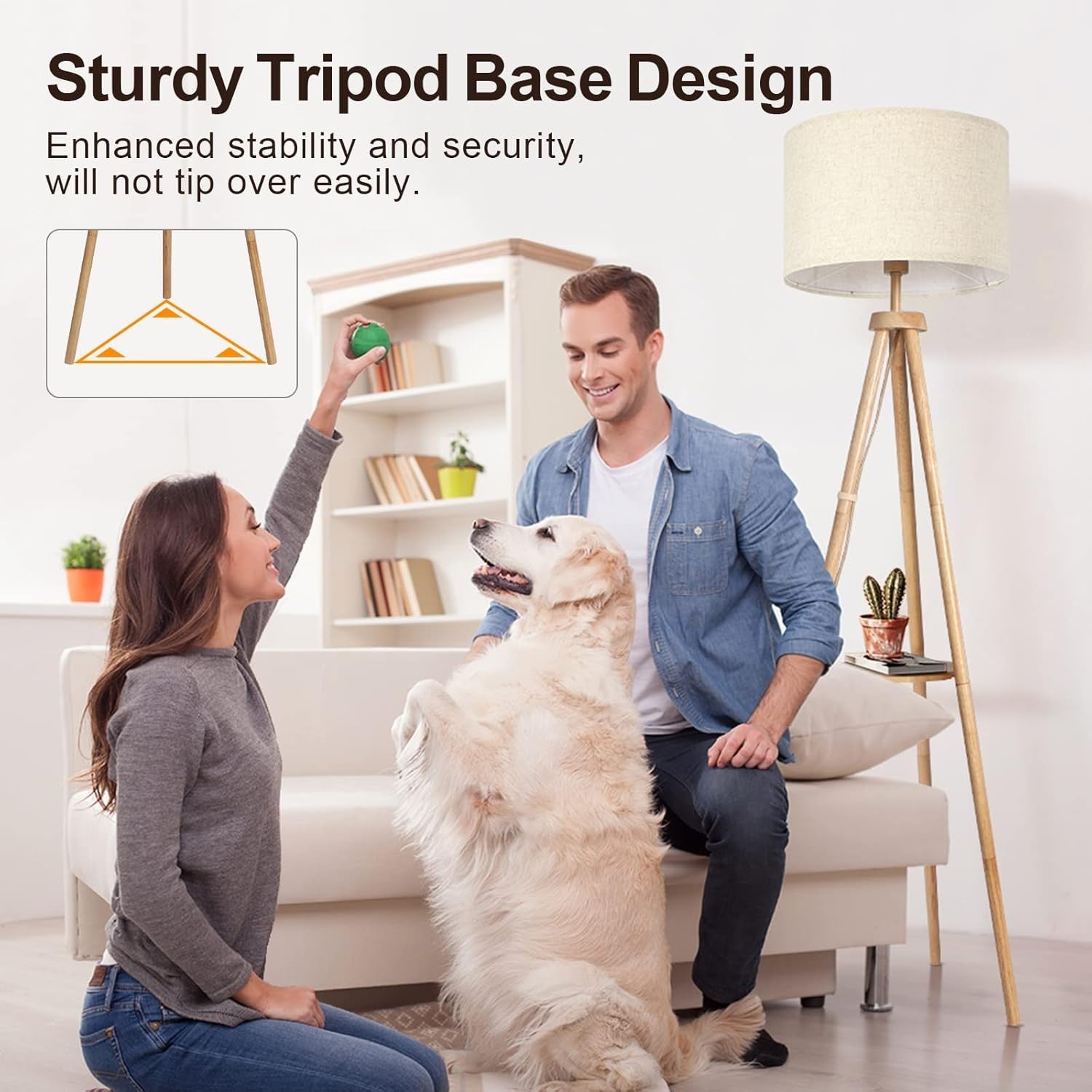 Wooden Tripod Floor Lamp Remote Dimmable Shelf Linen Shade