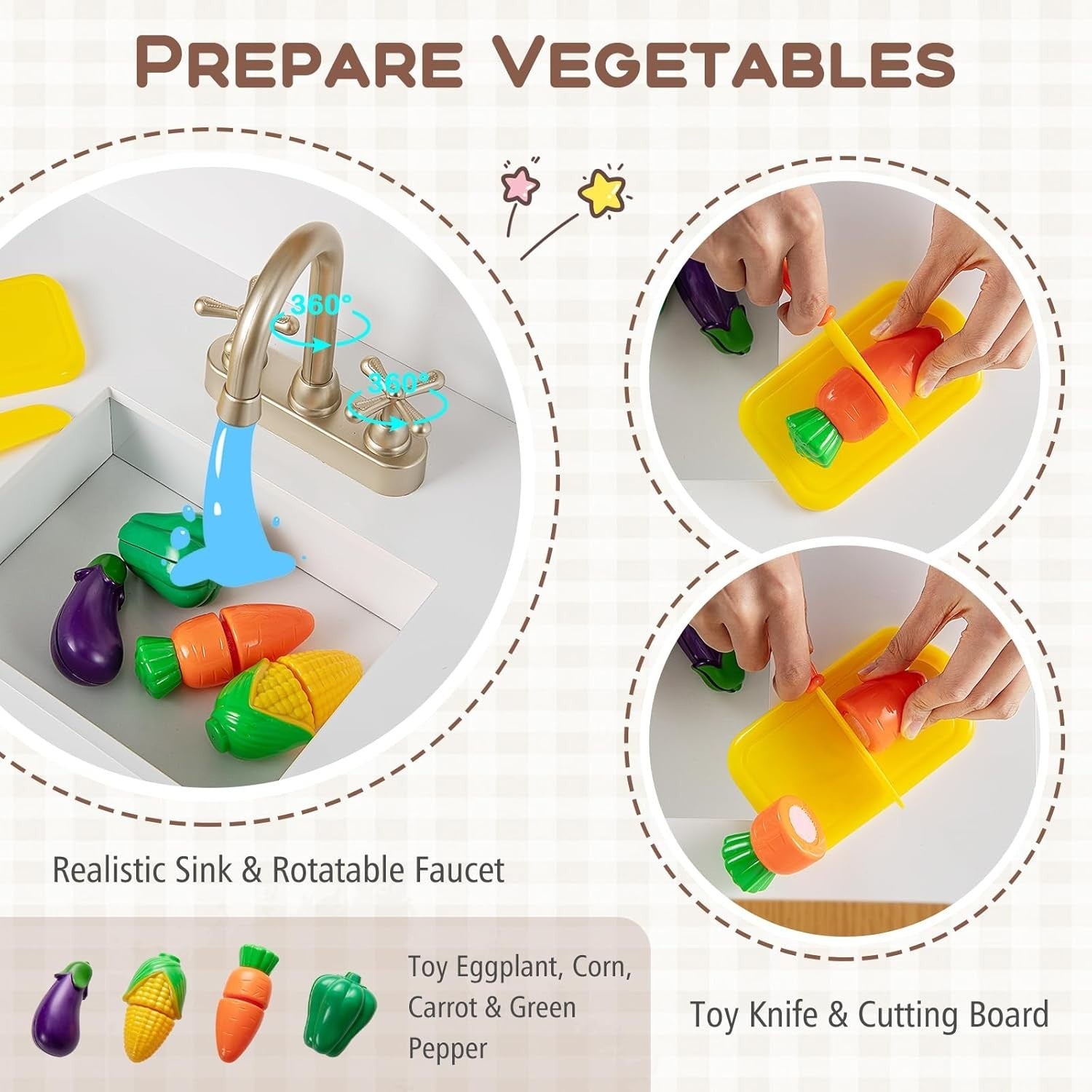 Kids Wooden Play Kitchen Toy Cuttable Veggies Storage Drawers
