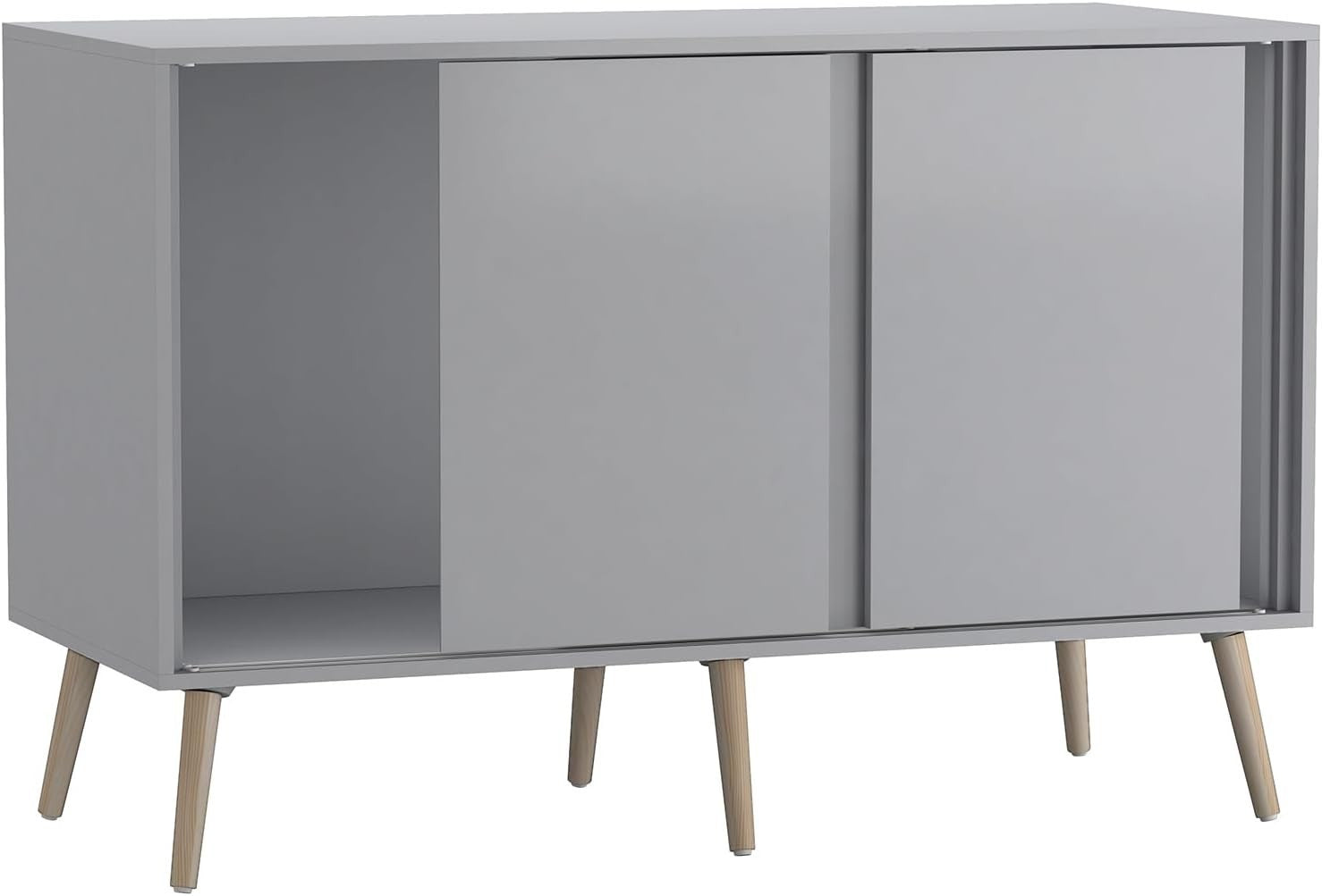 Grey Sideboard Cabinet 3 Door Sliding Storage Unit Modern Beech Legs
