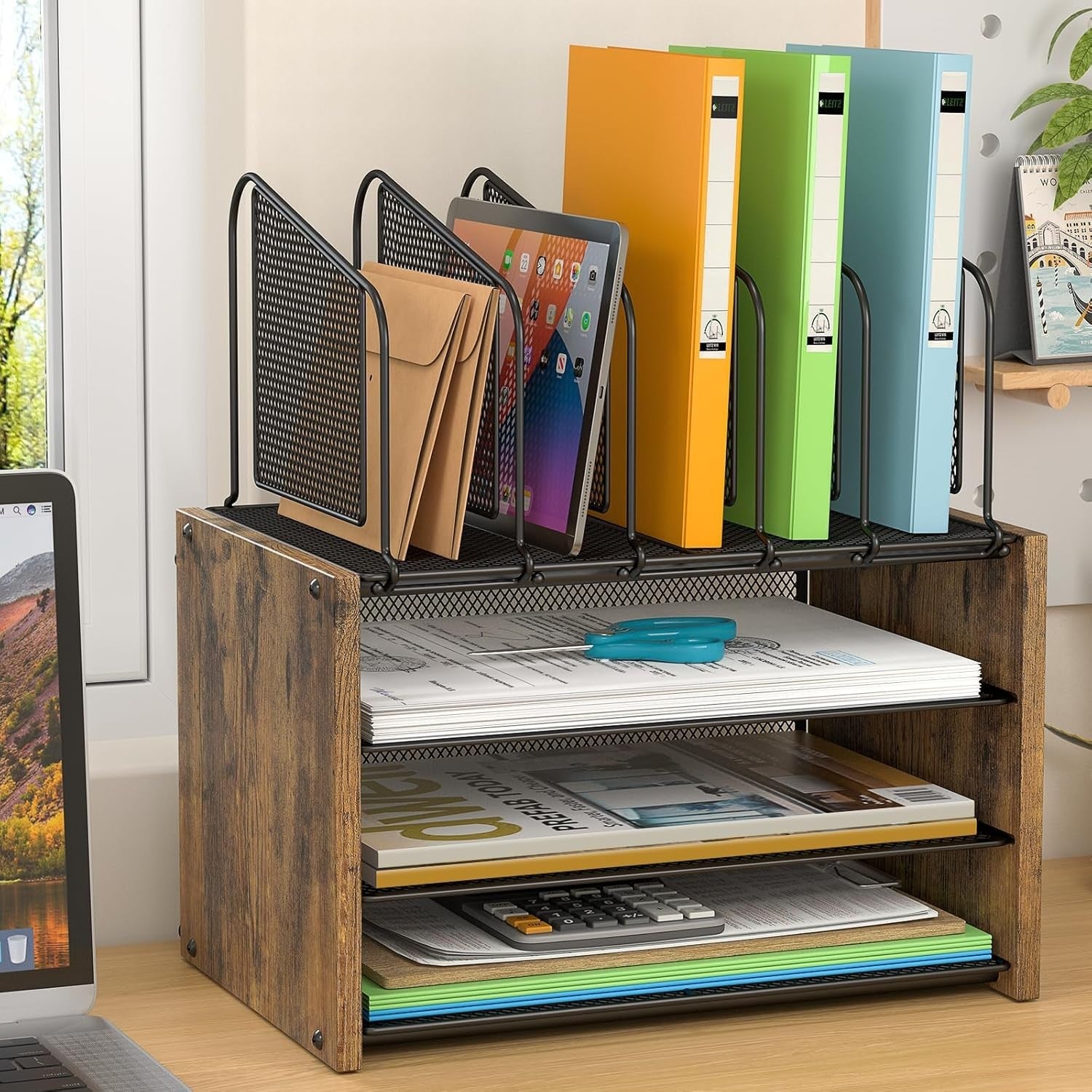 4 Tier Desk Organizer File Holder Letter Tray Wooden Office Desktop Storage