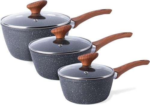 3pcs Non-Stick Marble Saucepan Set with Lids 16cm 18cm 20cm Induction Ready