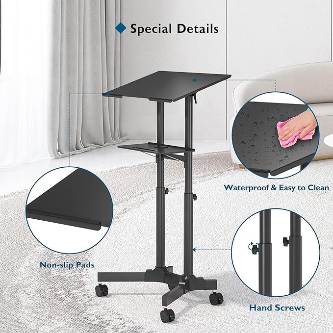 Adjustable Mobile Laptop Desk Rolling Standing Workstation Height Adjustable