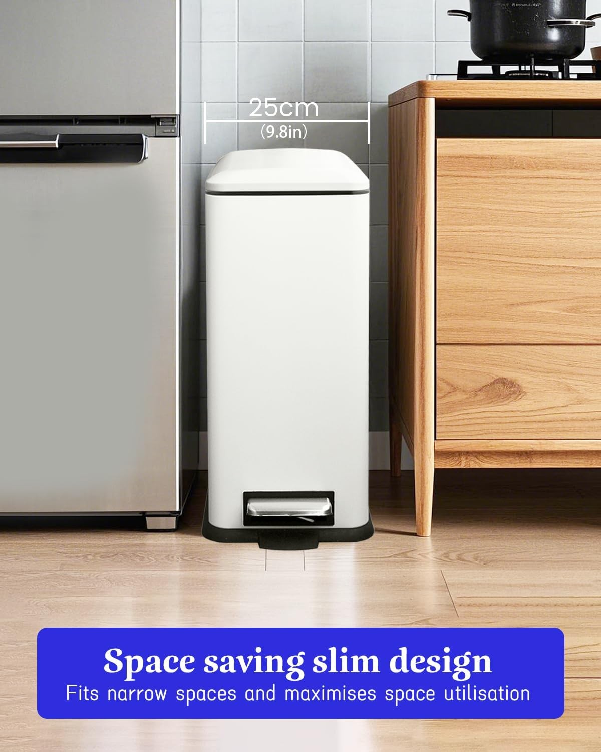 30L White Stainless Steel Pedal Bin Slim Kitchen Soft Close Lid