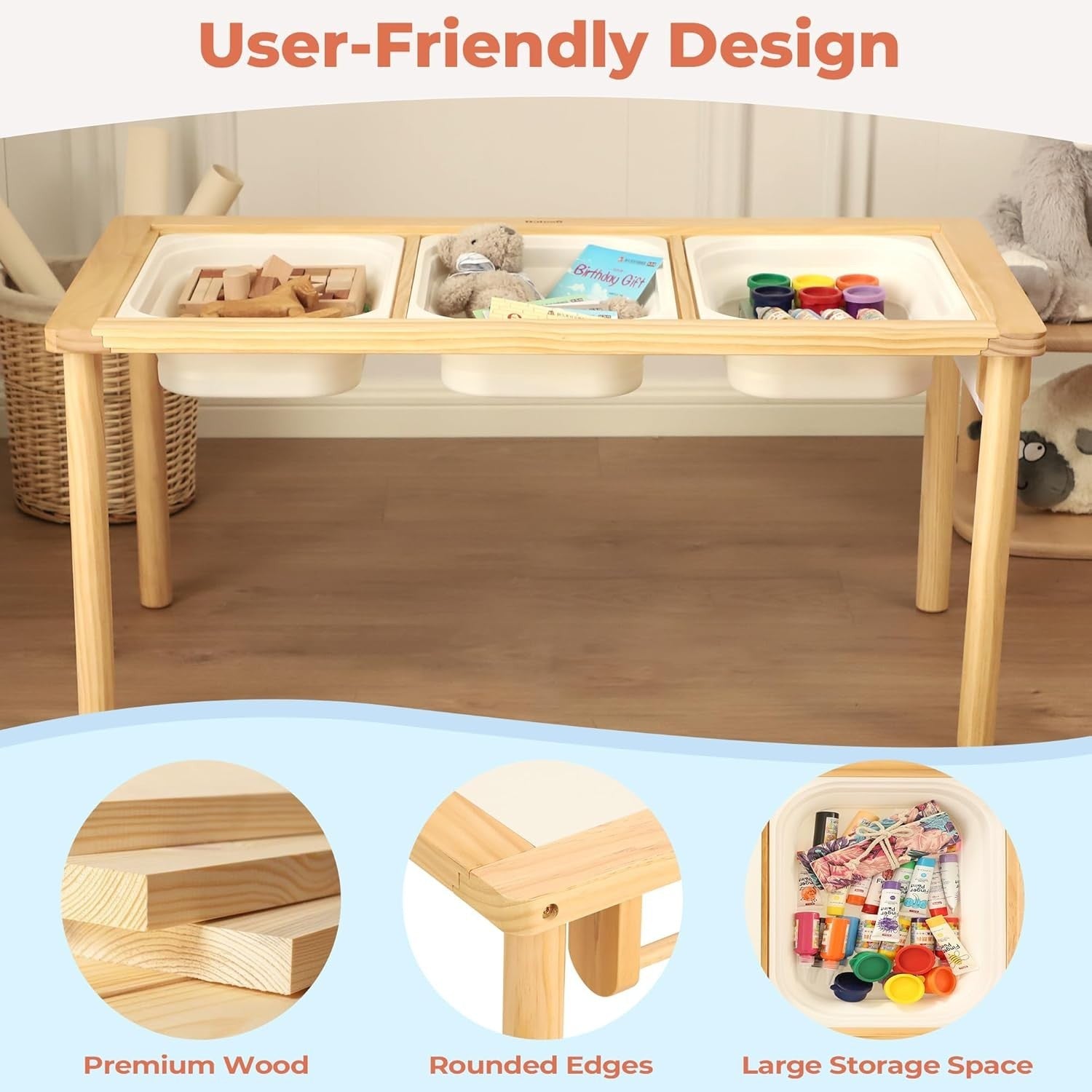 Wooden Sensory Table with 3 Bins Kids Activity Desk Sand Water Play 97cm
