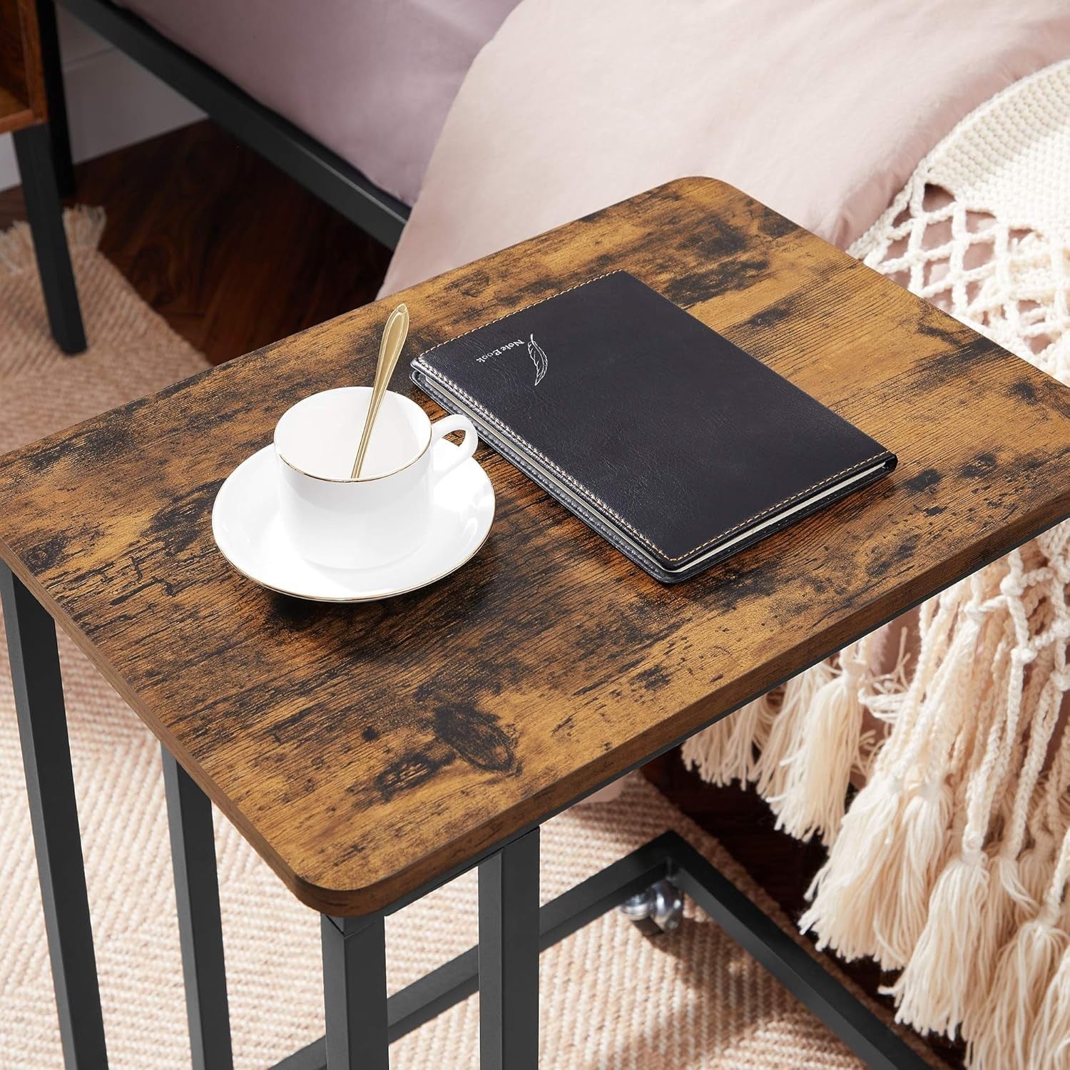 Industrial C Side Table with Wheels, Rustic Wood Top, Sofa Laptop Stand