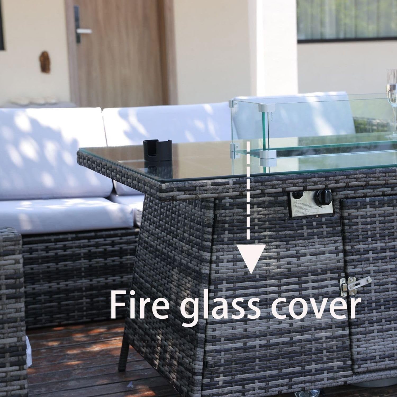 8 Seat Rattan Garden Sofa Set w/ Fire Pit Table, Cushions, Stools, Grey