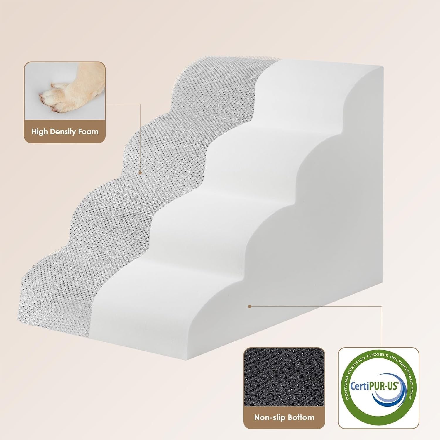 4 Step Dog Stairs for High Bed Non Slip Foam Pet Washable Grey