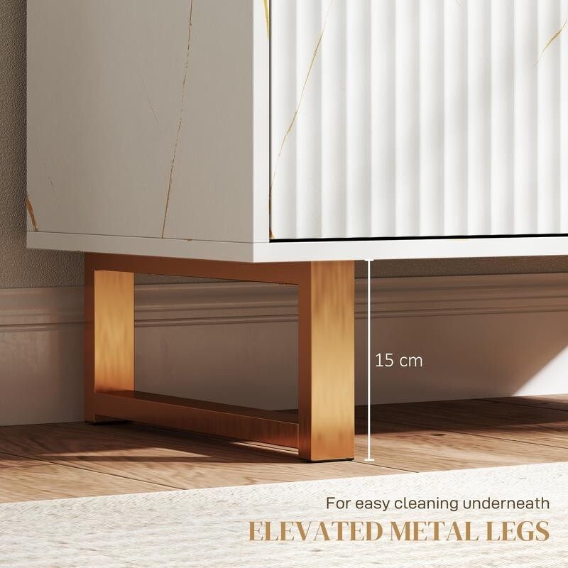 White Fluted Sideboard Cabinet with Gold Legs – Marble Effect Storage Unit