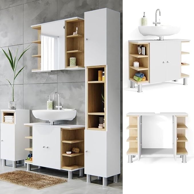 White Bathroom Sink Cabinet 79x64x32cm Oak Vanity Storage Unit with Shelves