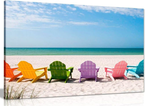 Beach Chairs Canvas Wall Art Colourful Coastal Beach Scene Large 30x20