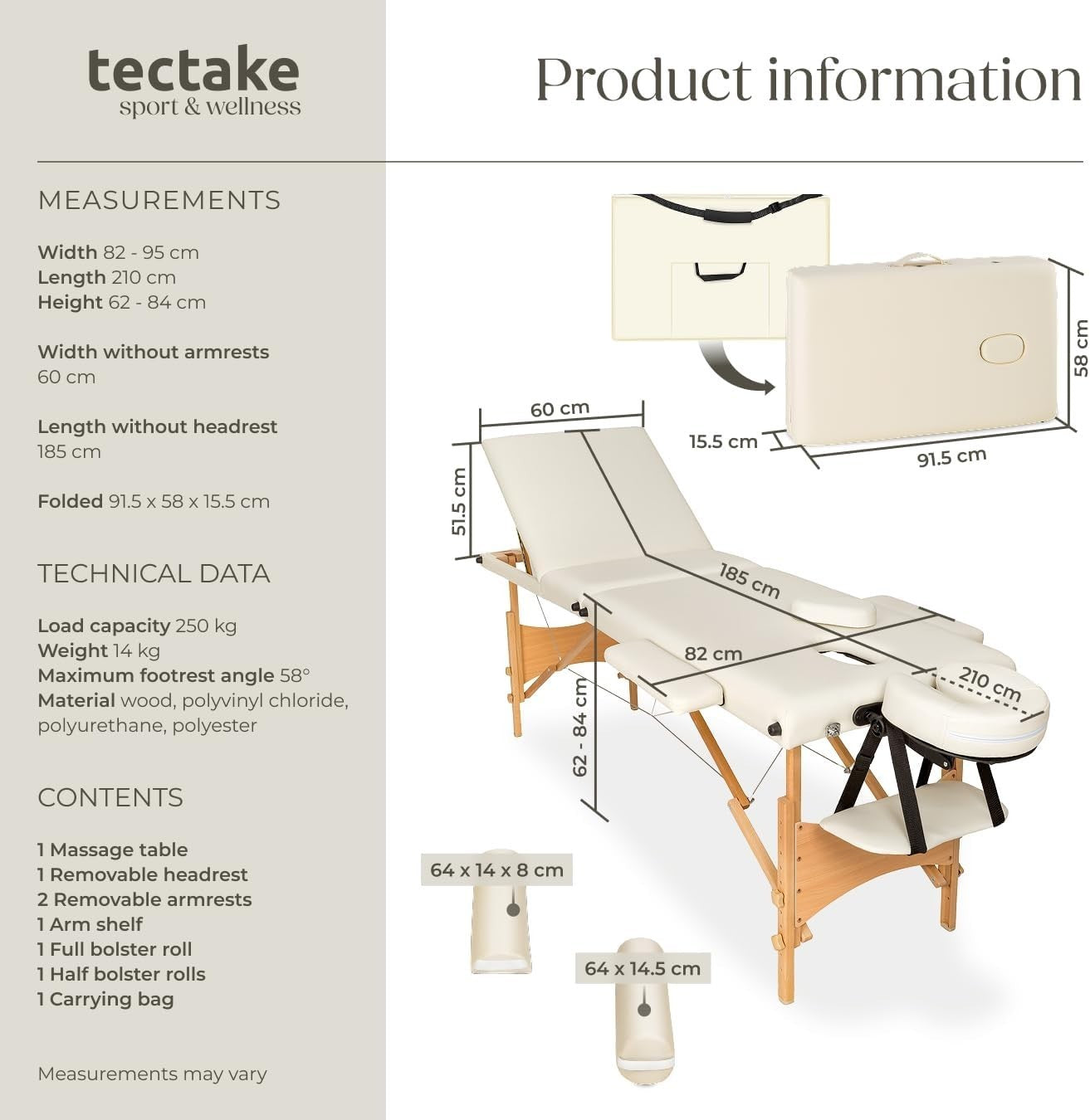 Portable Massage Table Set Foldable Wooden Beauty Therapy Bed Adjustable Beige