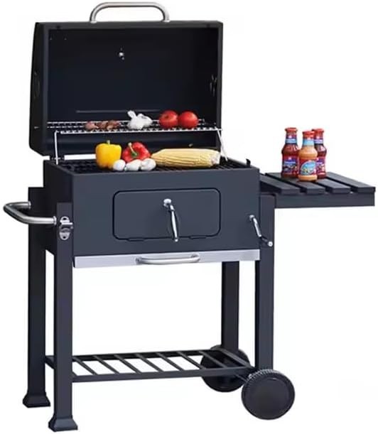 XL Charcoal BBQ Smoker Grill with Thermometer, Folding Side Table & Wheels