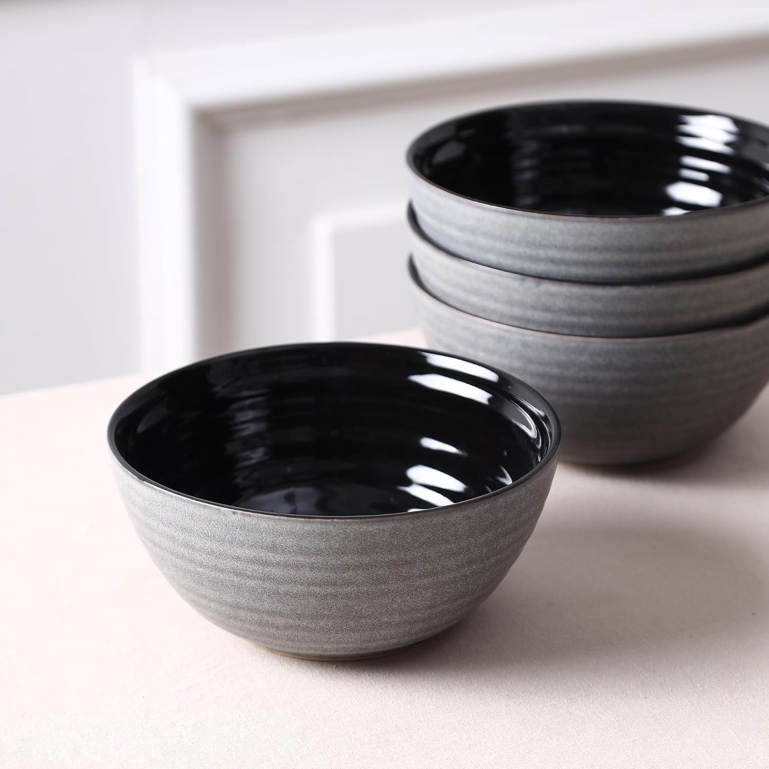 12pc Stoneware Dinner Set Plates Bowls Black Scratch Resistant Modern