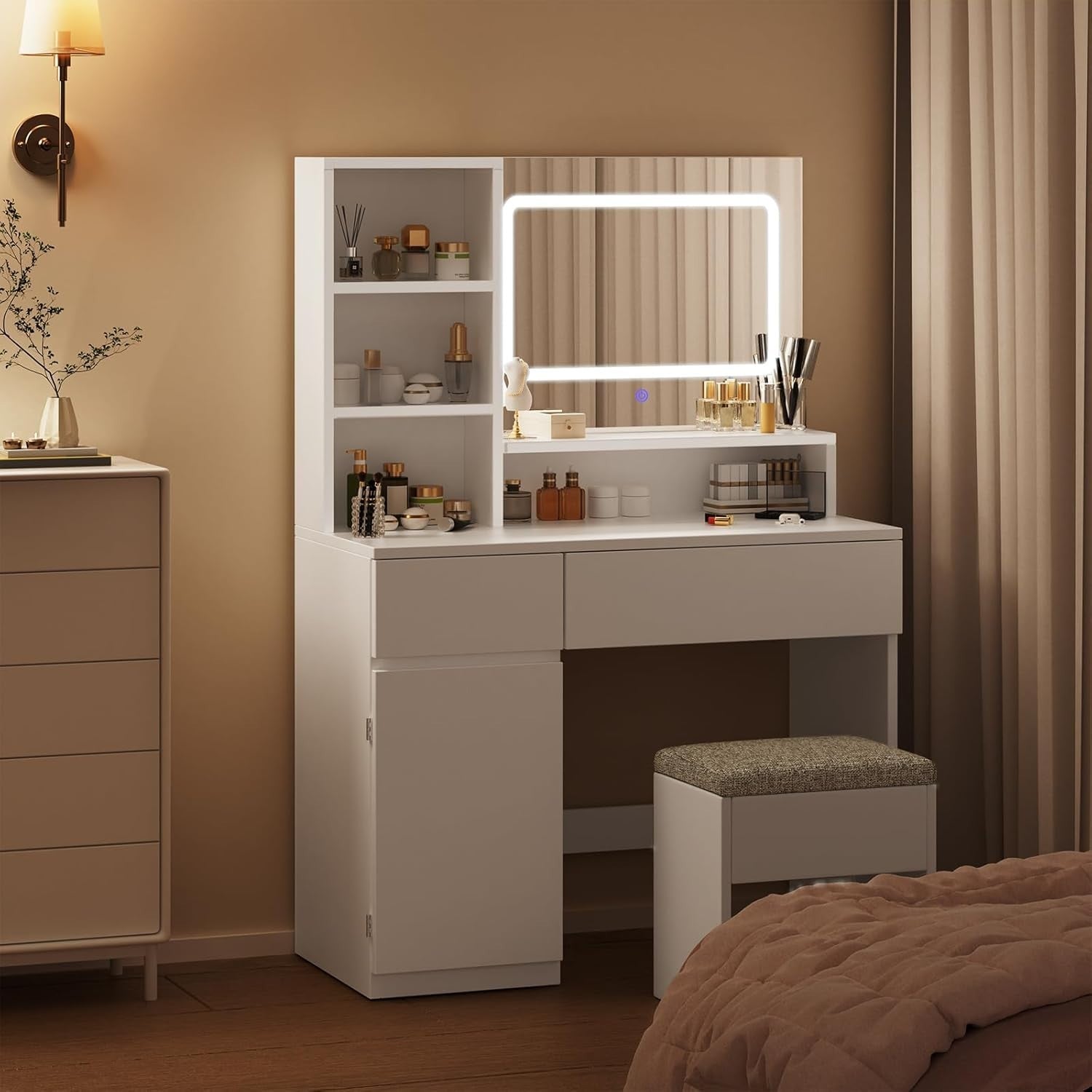 Modern LED Dressing Table Vanity Makeup Desk White 2 Drawers Storage Mirror