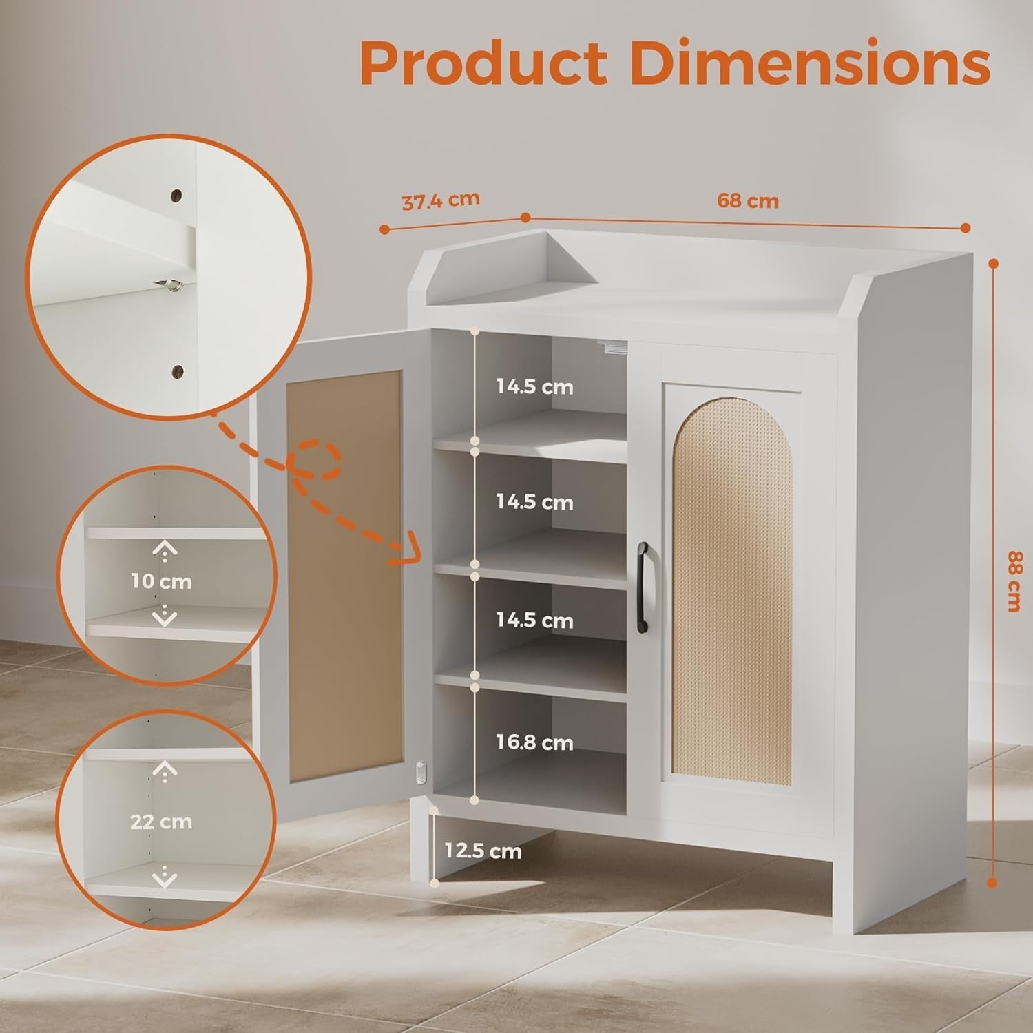 5-Layer Rattan Shoe Cabinet with Adjustable Shelves Sturdy Storage 68x38x88cm